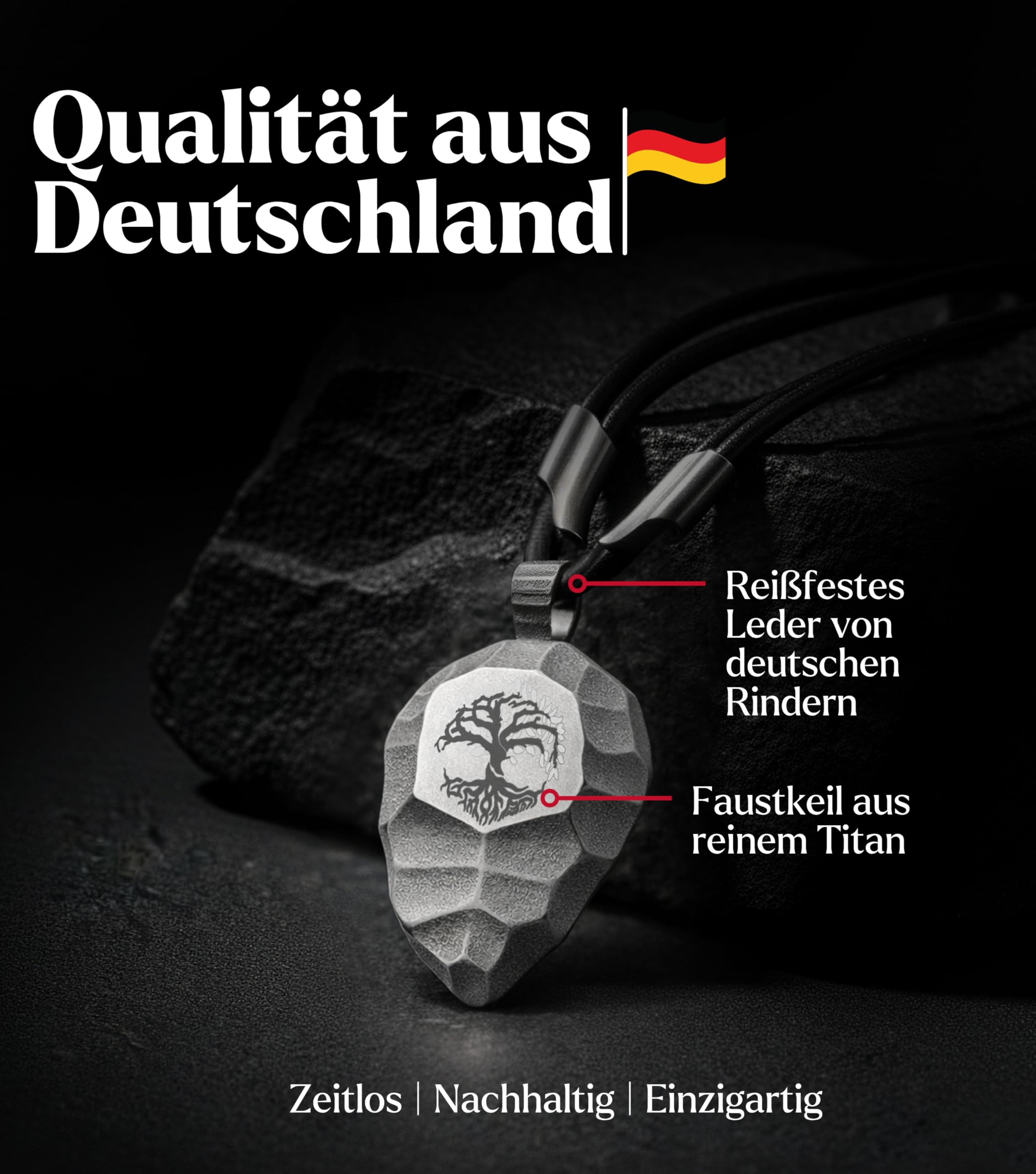 Titan-Anhänger Keil mit Yggdrasil Weltenbaum – Unisex Halskette aus schwarzem Lederband und robustem Titan – Baum des Lebens Schmuck & Talisman für Damen und Herren