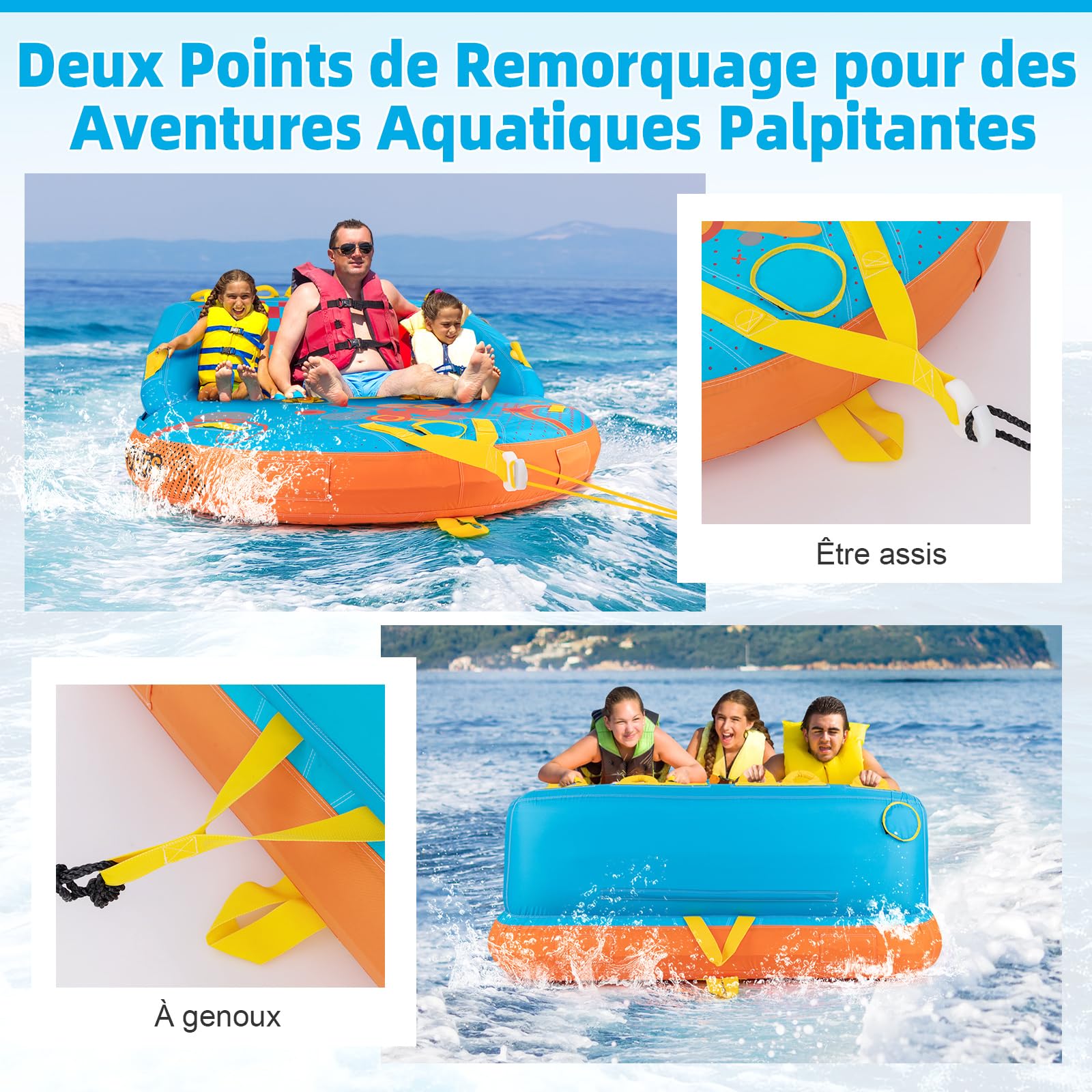 COSTWAY Bouée Tractée Gonflable pour 3 Personnes Charge 300KG, Gonflable Bateau Remorquable Housse en Nylon avec 2 Points de Remorquage, pour Sports Nautiques, 193 x 189 x 82 cm