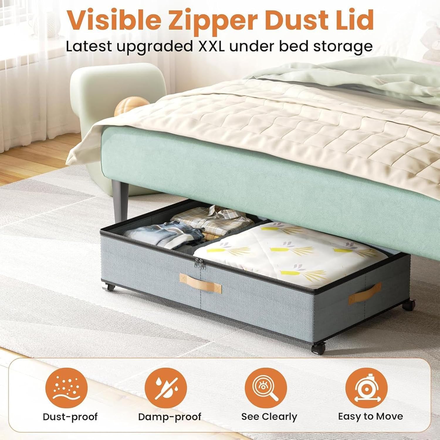 Large Dustproof with Wheels - Storage for Under Bed | Under Bed Rolling Storage Container for Shoe Clothes Sheet Fabric Toy Blanket Bedding Home Bedroom Living Room Apartment