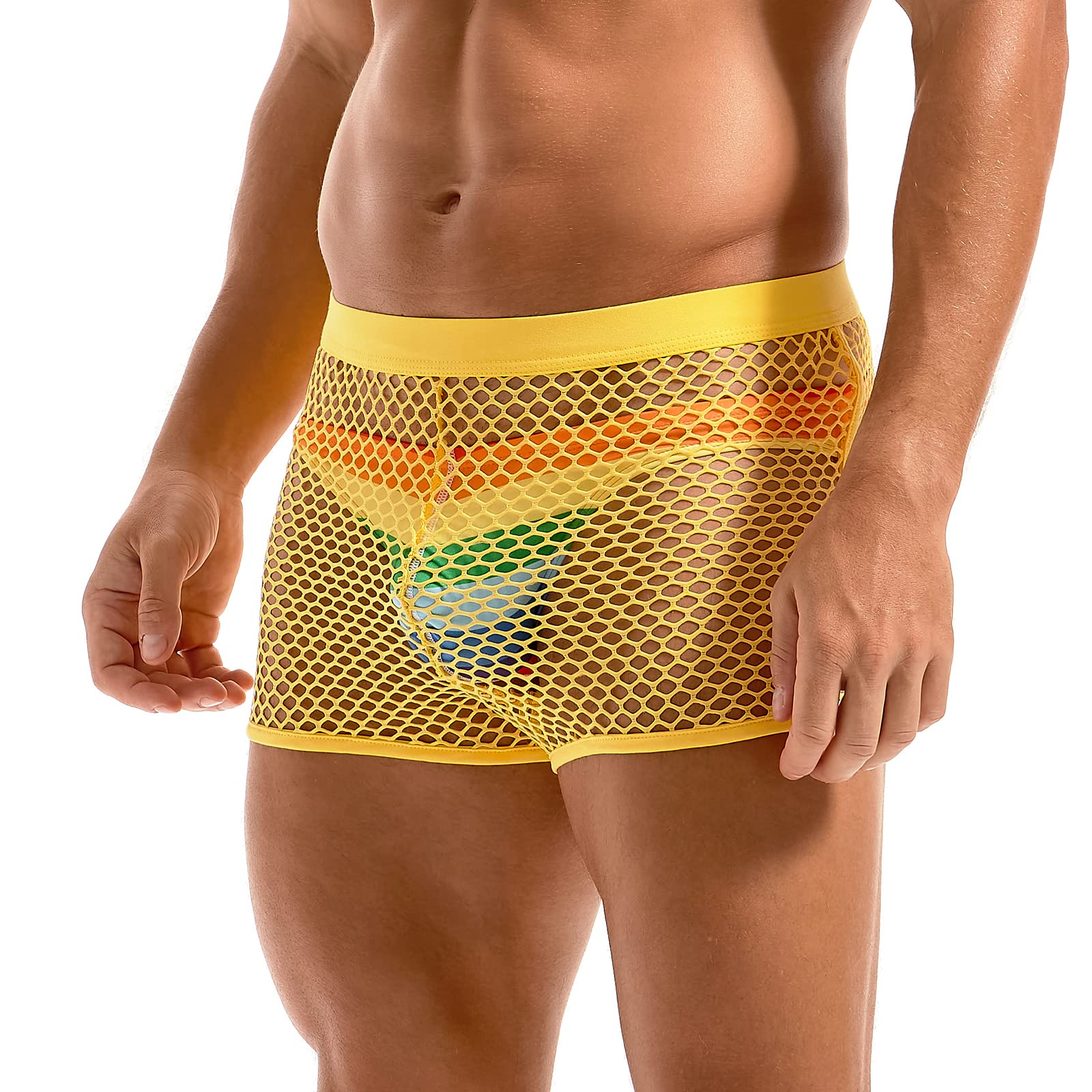 Amy Coulee Mens Fishnet Boxers Sexy Mesh Boxer Briefs Low Waist See Through Shorts Lounge Pajama Underwear Trunks (Yellow, L)