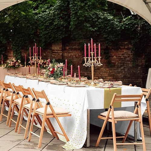 Miniatura 7 de Juego de 12 manteles de plástico desechables y camino de mesa de satén, mantel de punto blanco y dorado, camino de mesa de satén dorado para boda,