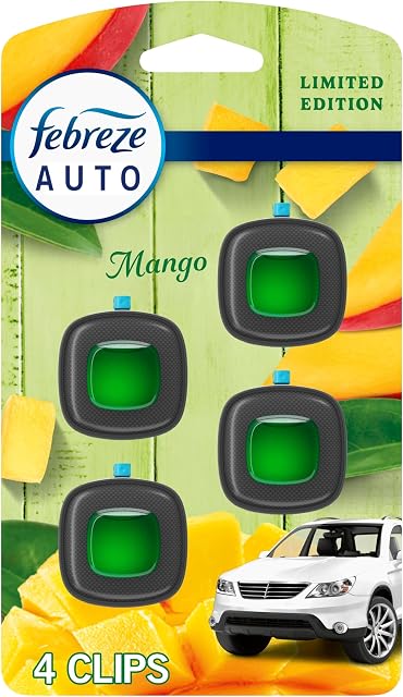 Febreze Car Air Freshener, Odour-Fighting Automotive Vent Clip, Mango Splash Scent, 4 Count