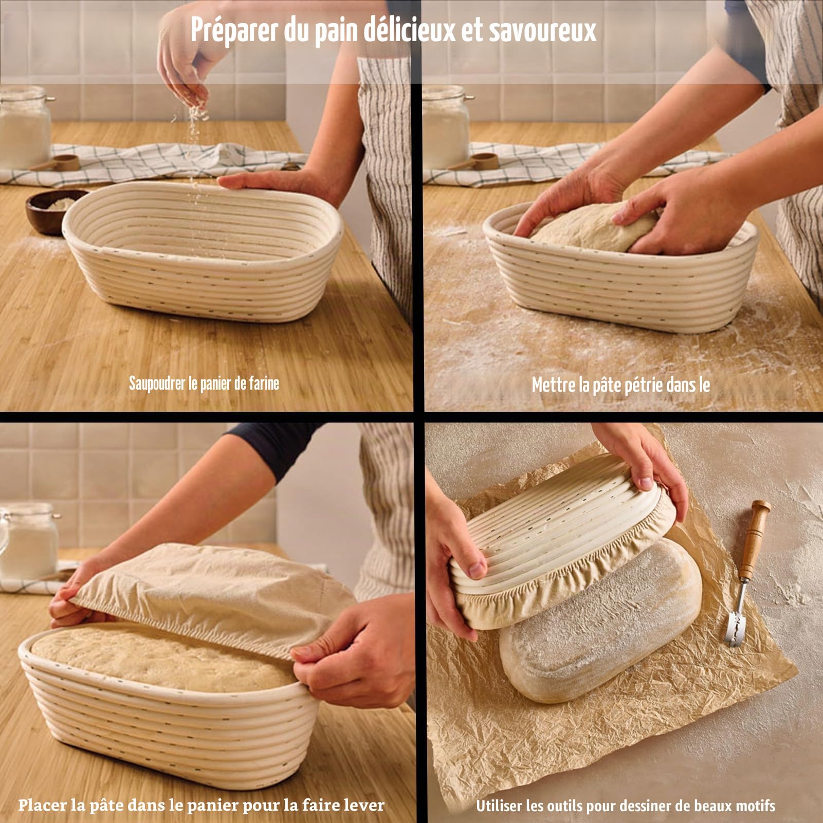 2 Banneton pour Pain Ovales de 25 cm, Panier de Fermentation pour Pain, Corbeille Ovale en Rotin Durable pour la Cuisson, les Accessoires de Pâtisserie