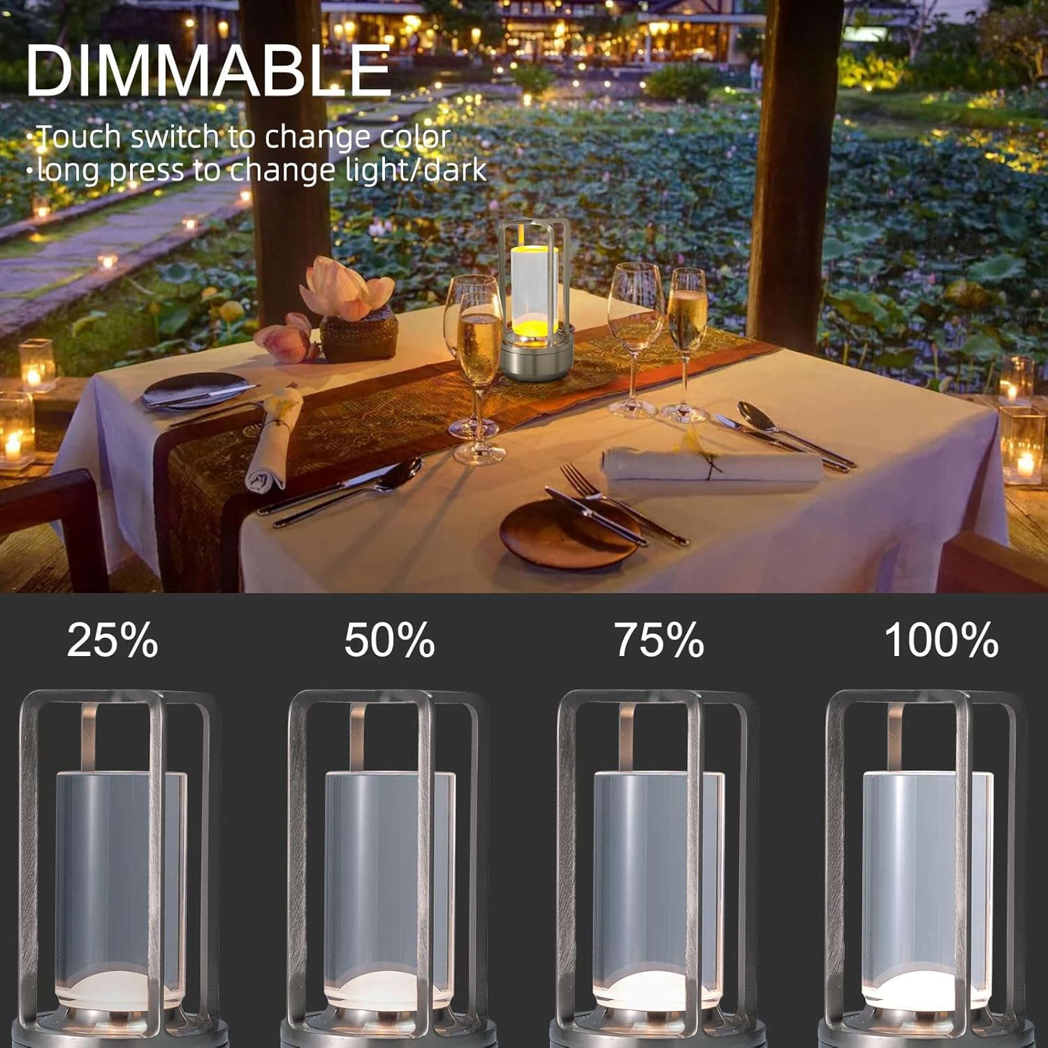 Rechargeable Cordless LED Table Lamp - Waterproof Portable Touch Dimmable Desk Light for Outdoor, Camping, Patio, Bedroom, Living Room - Night Light with Long Battery Life (Silver)