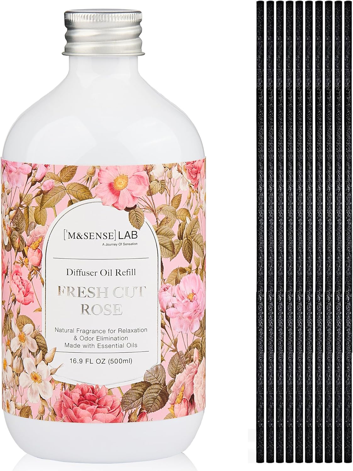 M&SENSE Rose Scent 2-Piece Bundle: 8.79oz Diffuser + 16.9oz Refill with Sticks, Natural Home Fragrance Decor