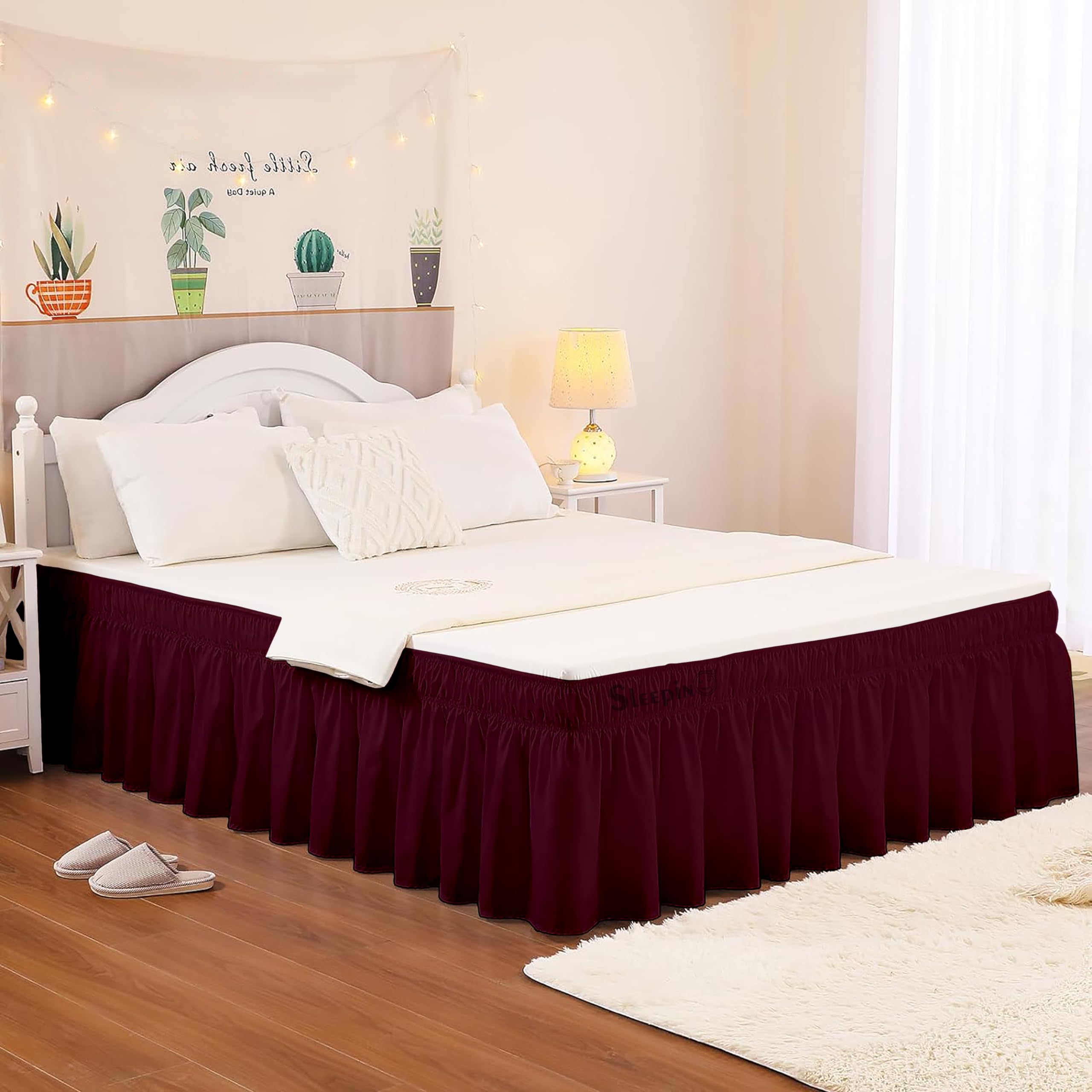 Wrap Around Bed Skirt for Single Bed (36” x 72” Inch) - 18” Inch Drop Length Wrinkle Free Brushed Microfiber Fabric Bed Skirt | Easy Elastic Feet | Machine Washable | Wine-image-27