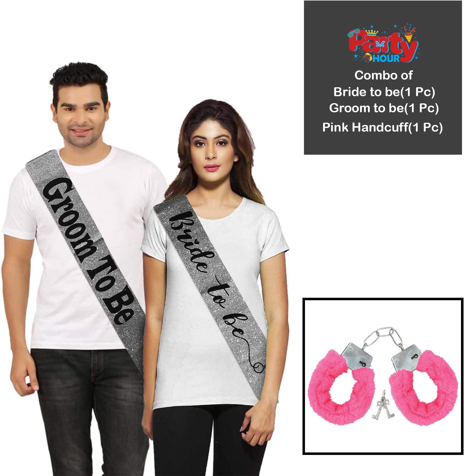 Party Hour Bachelorette Combo Bride to Be and Groom to Be Props Propz (Silver Bride to Be Sash + Silver Groom to Be Sash + Pink Handcuff) for Bridal and Groom Shower Decoration