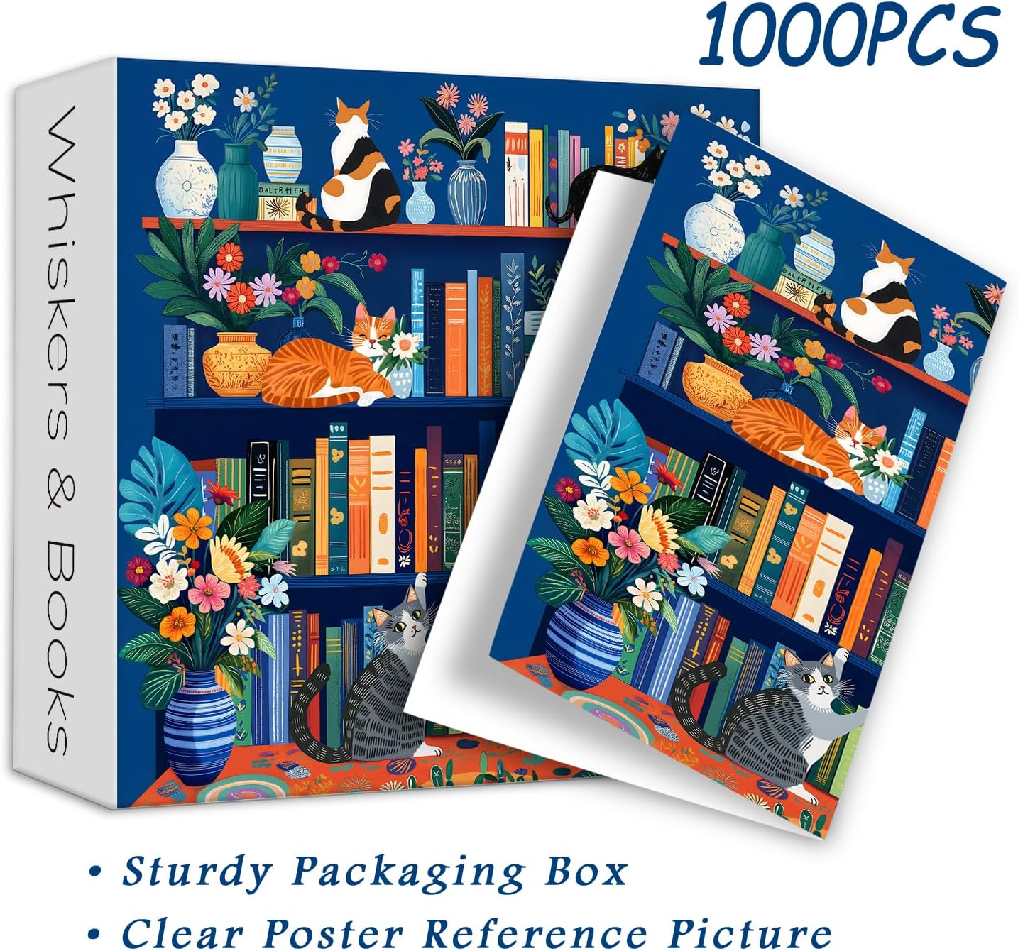 Cat Book Puzzles for Adults 1000 Pieces, PICKFORU Wildflower Pages Jigsaw Puzzle Bookshelf Library, Impossible Hard Floral Vase Theme for Book Lover