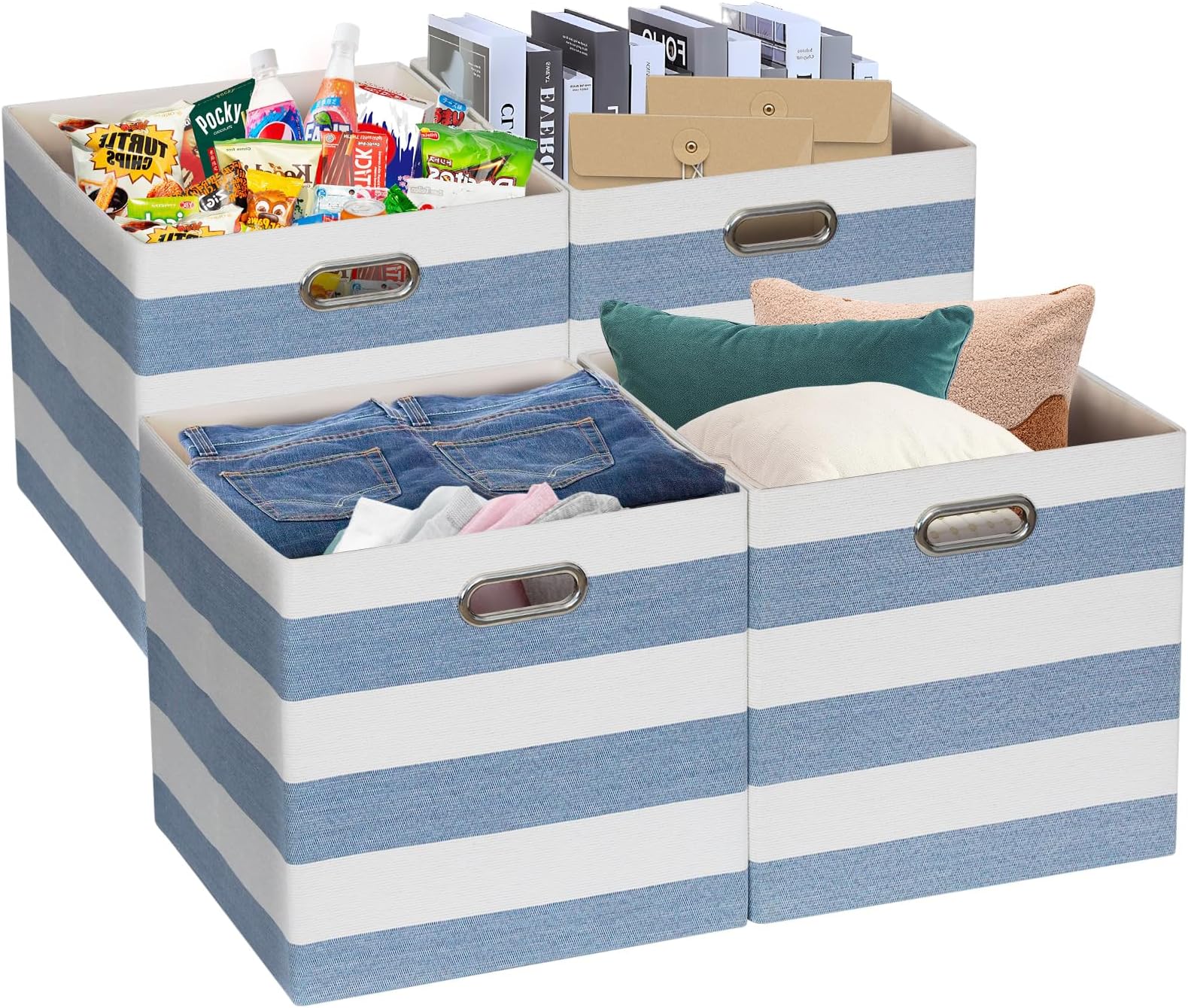 Posprica Storage Basket Bins,11×11 Collapsible Storage Cubes Fabric Drawers for Nurseries,Offices,Closets,Home Décor (Set of 4, Blue-White Striped)