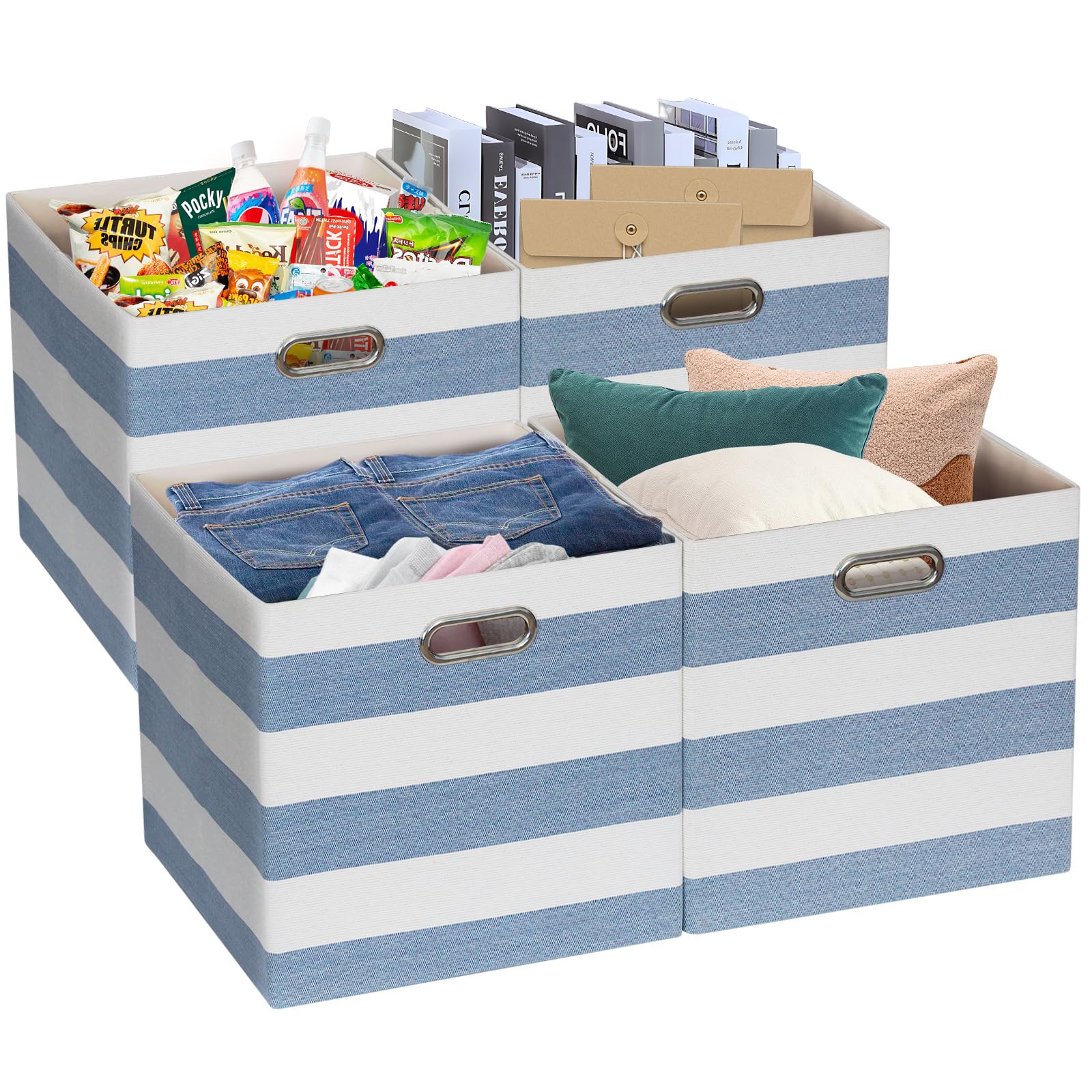 Posprica Storage Basket Bins,11×11 Collapsible Storage Cubes Fabric Drawers for Nurseries,Offices,Closets,Home Décor (Set of 4, Blue-White Striped)