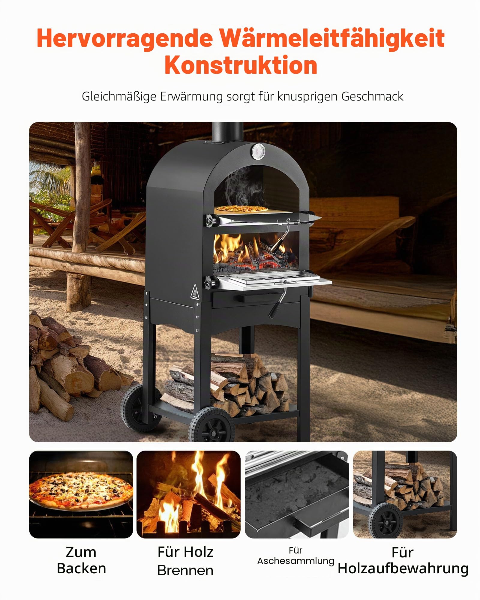 VEVOR Pizzaofen 12 Zoll Pelletöfen, 2-lagiger Pizzaofen mit Holzfeuerung, Holzbefeuerter Ofen Outdoor mit 2 abnehmbaren Rädern, Pizzamaker mit Höchsttemperatur von 540 °C zum Grillen
