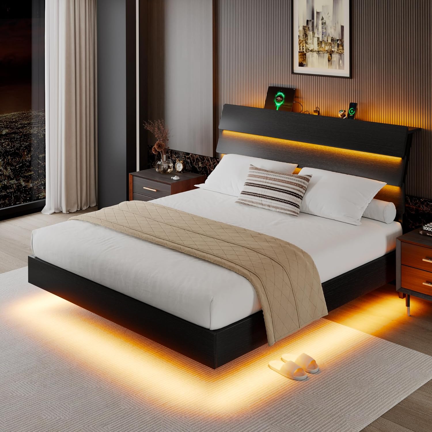 iPormis Queen Floating Bed Frame with LED Lights & Charging Station, Platform Bed with Wooden Storage Headboard, Steel Slats Support, No Box Spring Needed, Easy Assembly, Noise-Free, Black