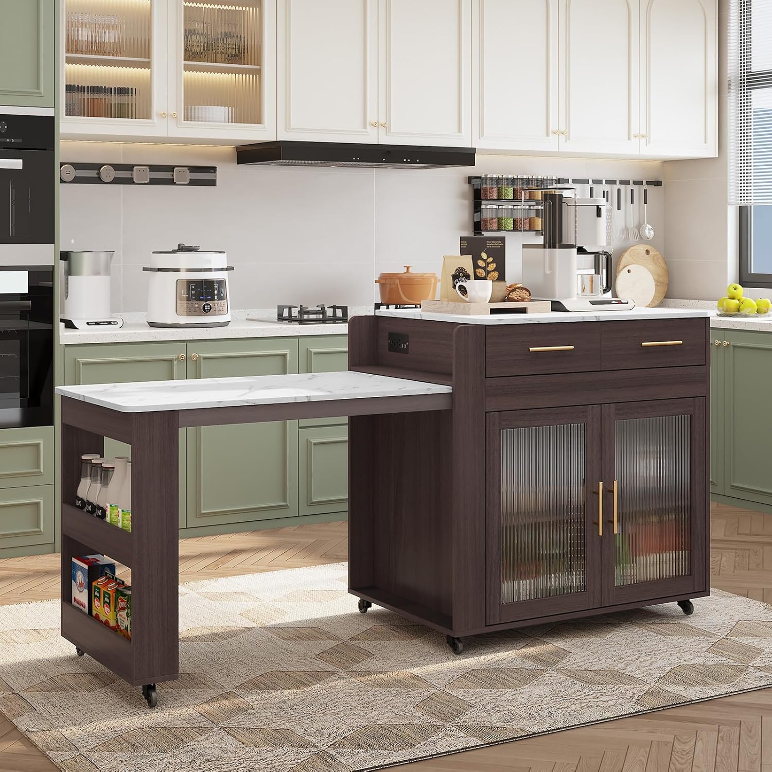 HLR Kitchen Island with Extendable Dining Table, Marble Grain Countertop Island with Power Outlet, Rolling Storage Cart on Wheels with Storage Cabinet and 2 Drawers, Prep Table for Kitchen