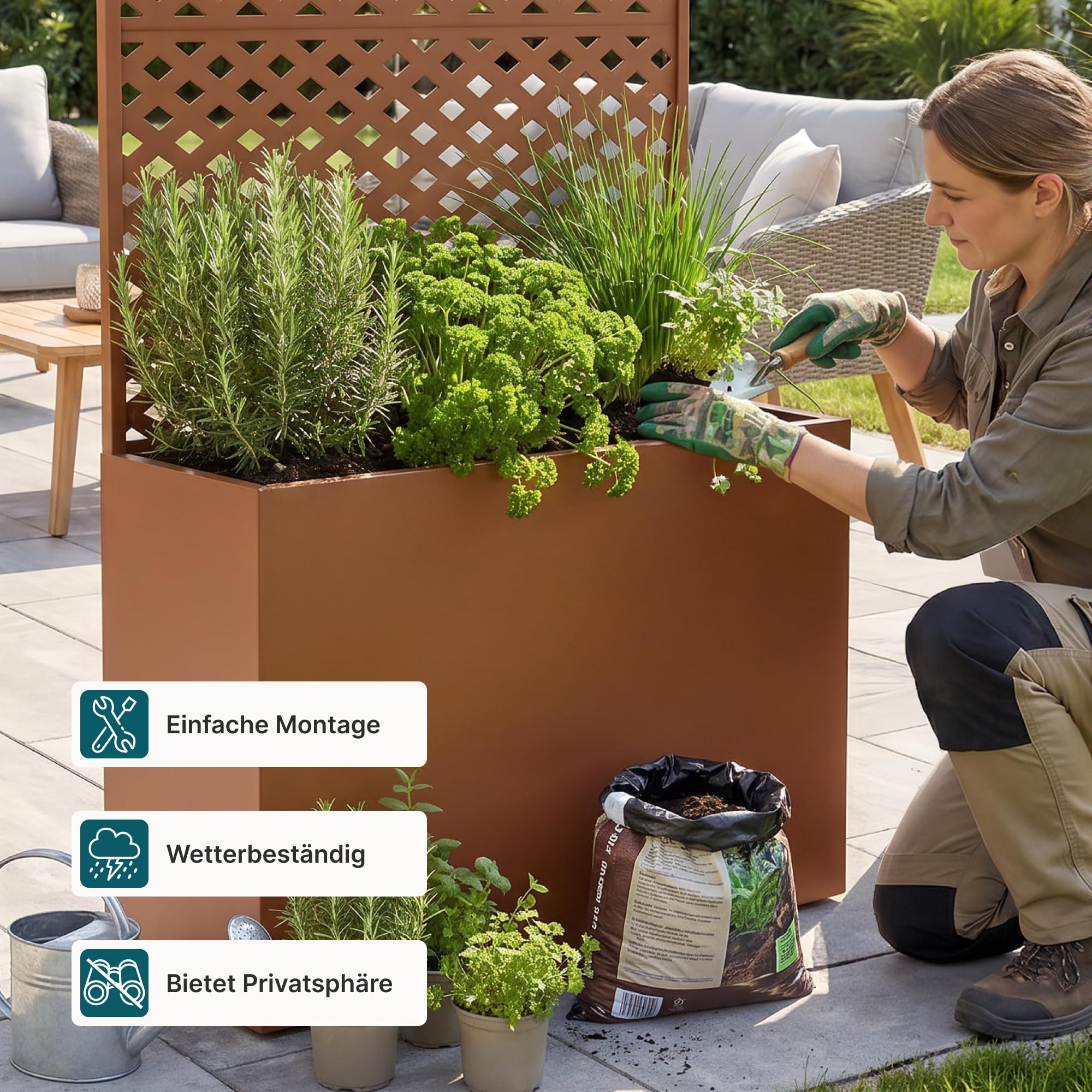 casa.pro Blumenkasten mit Sichtschutz Malja 146 x 83 x 31cm Braun | Trennwand, indoor, outdoor, Rankgitter, wetterfest, Metall, verzinkt, für Balkon, Terrasse, Pflanzkübel hoch