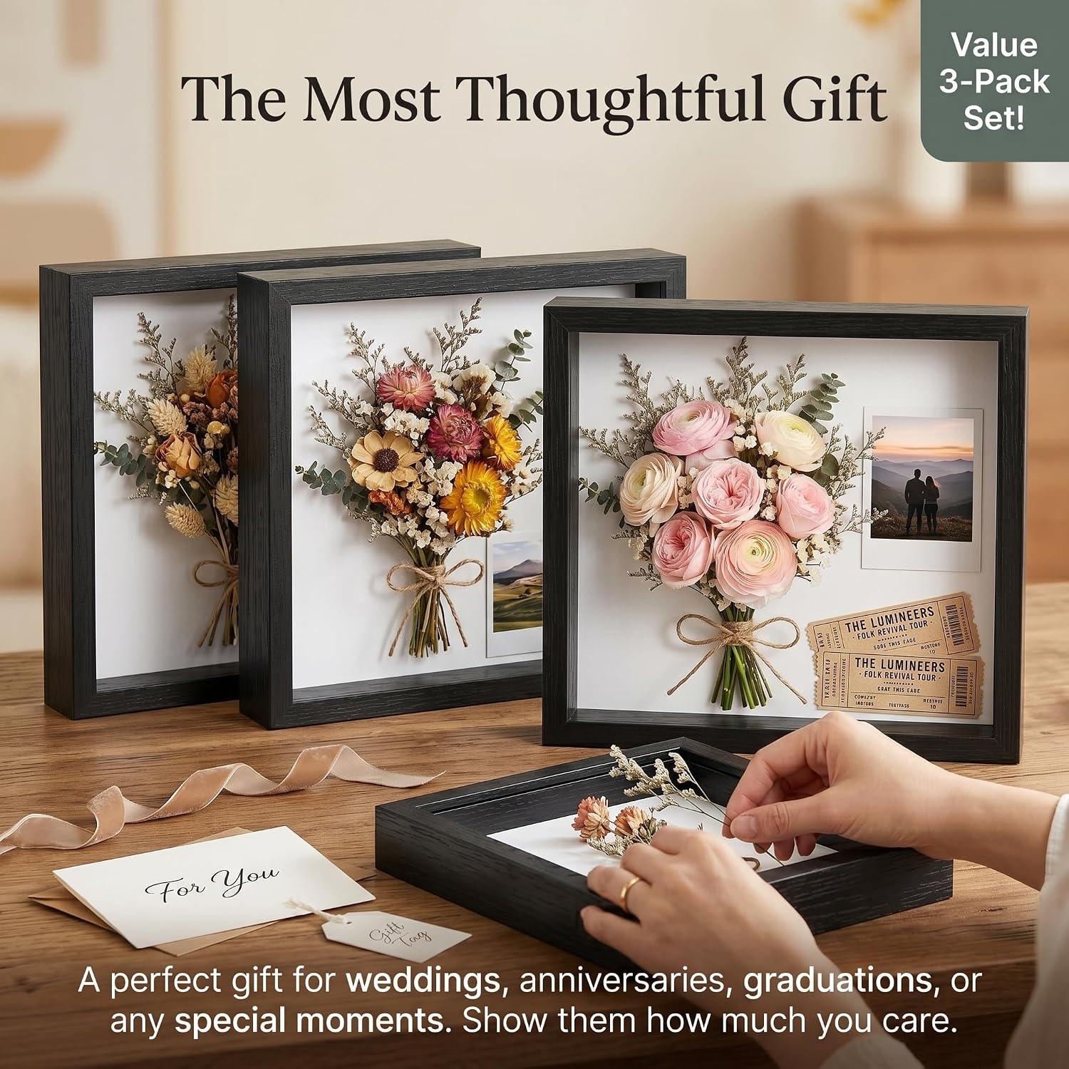 3 Pcs 8 x 8 Shadow Box Frame, Wooden Hollow Picture Frame with Clear Acrylic Front, Memory Display Case Bulk for Photos, Awards, Dried Flowers, Seashells and Memorabilia Decor (Black)