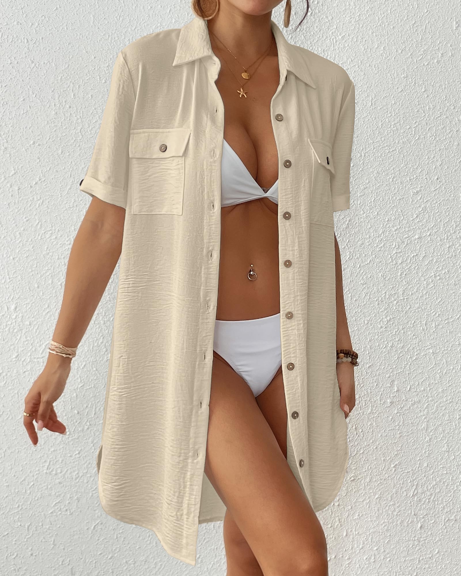 Bsubseach Mujer Vestido Corto Camisero de Playa Traje de Baño Cover Ups Túnica Cubre Bikini de Verano Ropa de Playa Color Sólido