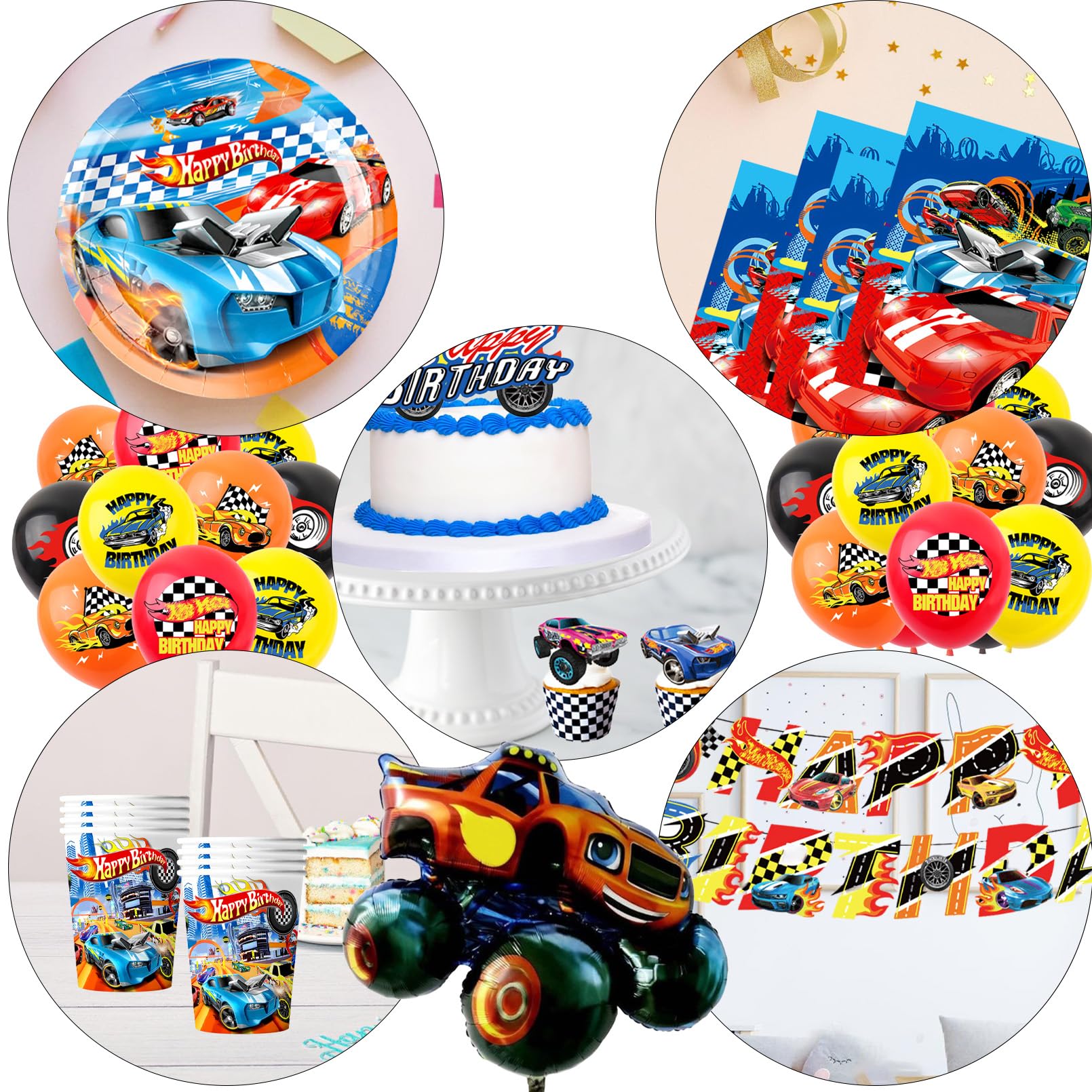 Set Compleanno Hot Whels Stoviglie Festa Auto, Stoviglie Festa Compleanno Auto, Include Tovaglia, Piatti Carta, Striscione, Decorazioni Compleanno per 10 persone