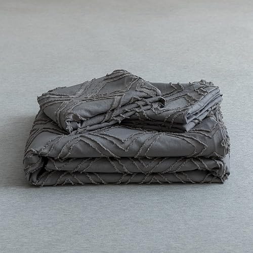 Miniatura 6 de JELLYMONI Juego de funda de edredón de microfibra ultrasuave de 3 piezas, tamaño Queen, funda de edredón reversible con textura bohemia gris, patrón