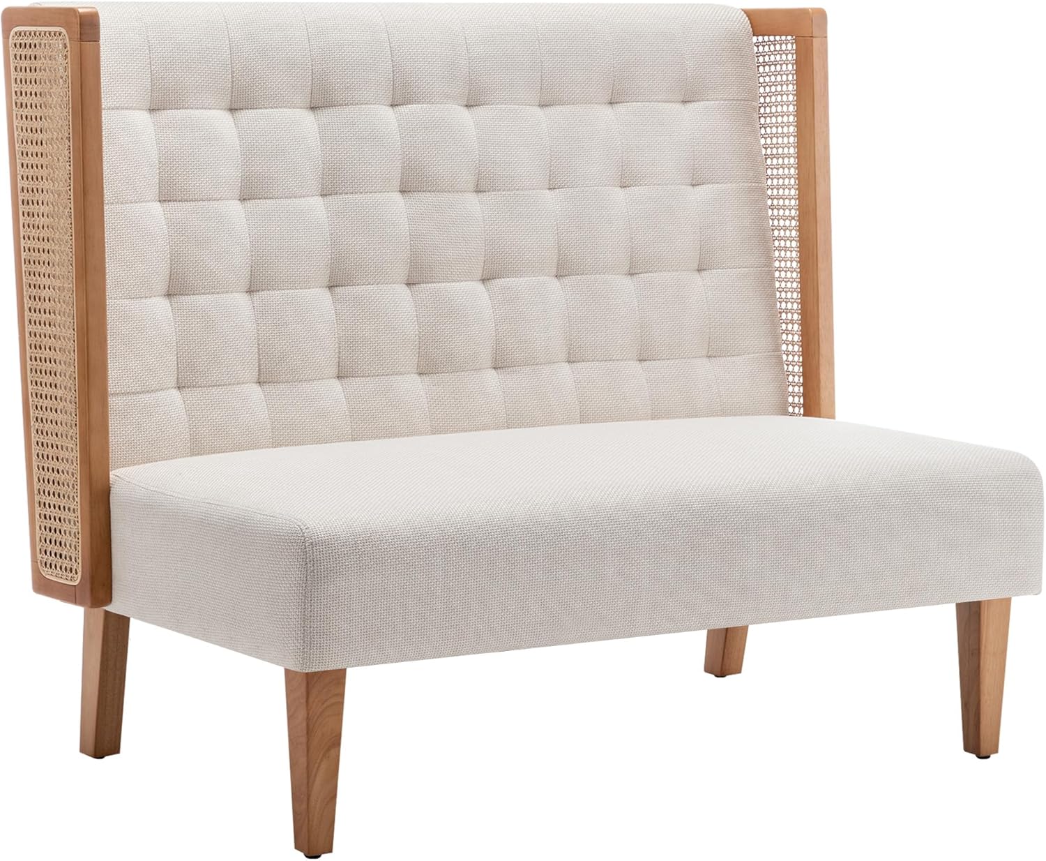 Andeworld Beige Loveseat with Natural Rattan Arms - Modern High-Back Mini Sofa Bench for Small Spaces, Living Room, Dining