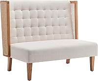 Andeworld Beige Loveseat with Natural Rattan Arms - Modern High-Back Mini Sofa Bench for Small Spaces, Living Room, Dining