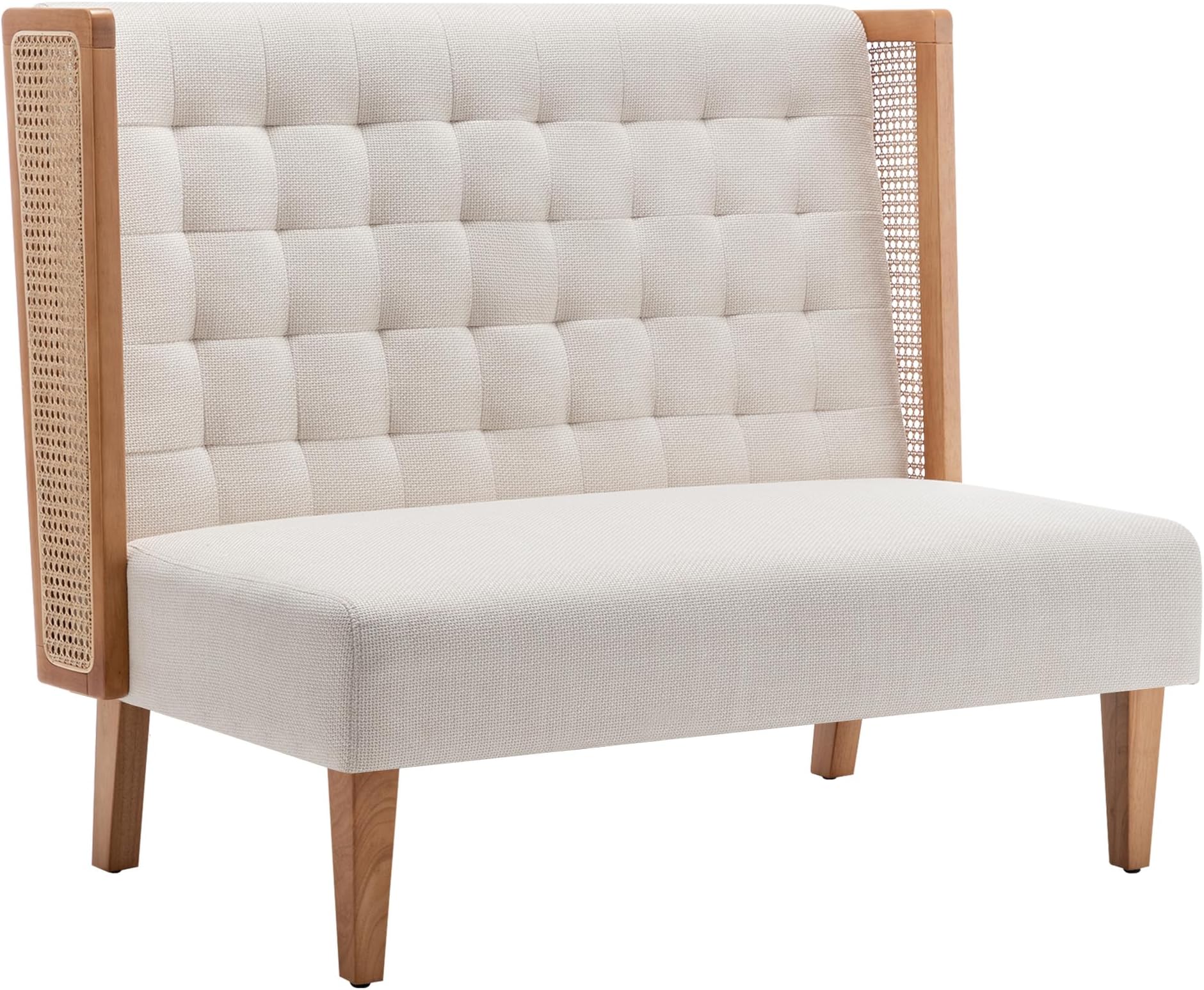 Loveseat Settee Bench with Rattan Arms, Upholstered Modern Mini High-Back Sofa Couch,Banquette Dining Bench for Living Dining Room Bedroom Office Small Space Entryway,Beige