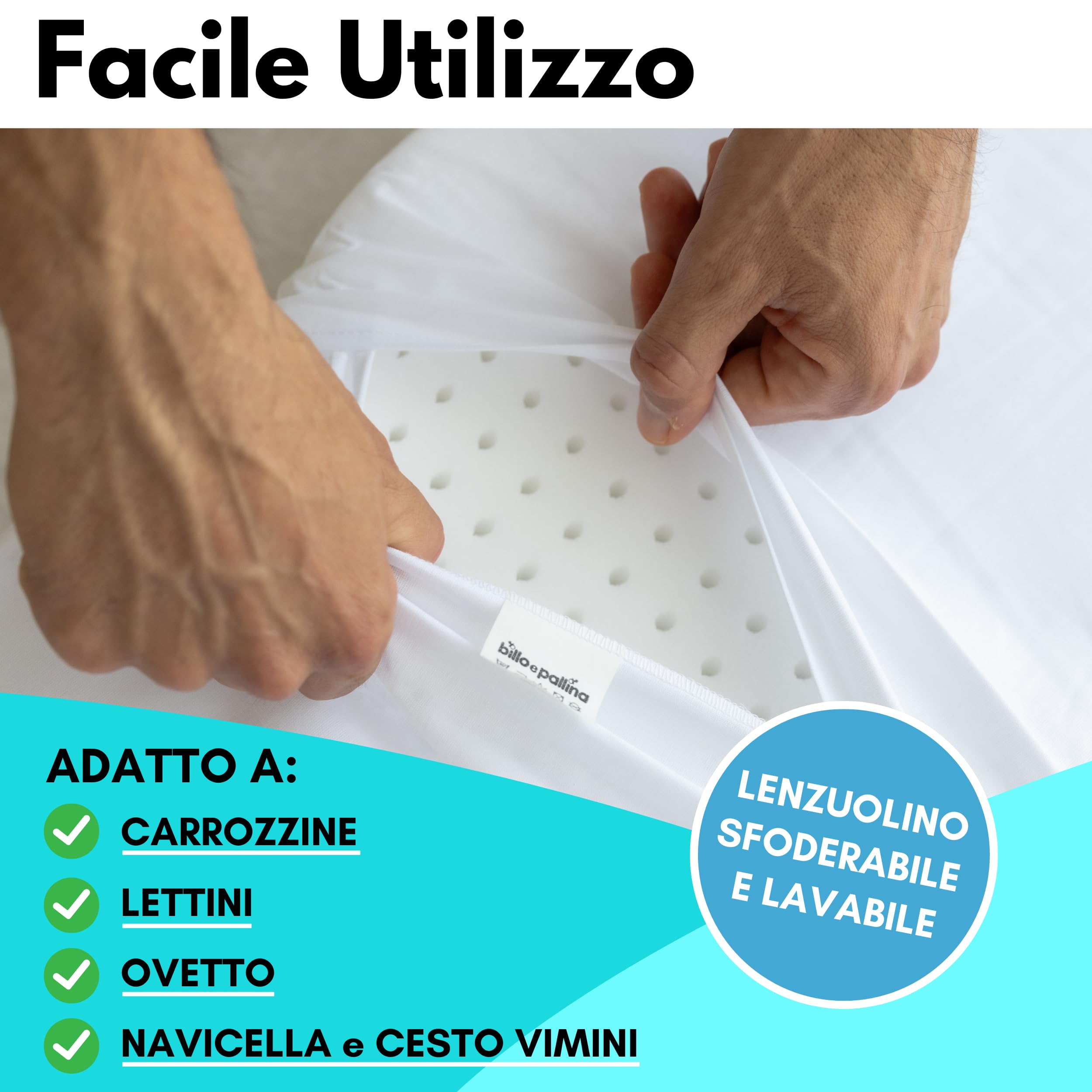 Materasso Carrozzina Made in Italy-Culla Neonato-Lettino Bambino-Passeggino Trio-Cuscino Neonati-Cuscino Compreso- Letto Prima Infanzia- Materassino Universale Antisoffoco 72 x 32/26cm