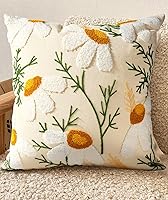 Kokaaee Embroidered White Daisy Throw Pillow Cover 18x18 - Boho 3D Embroidery Zipper Case for Couch Sofa Bed Spring Summer Decor