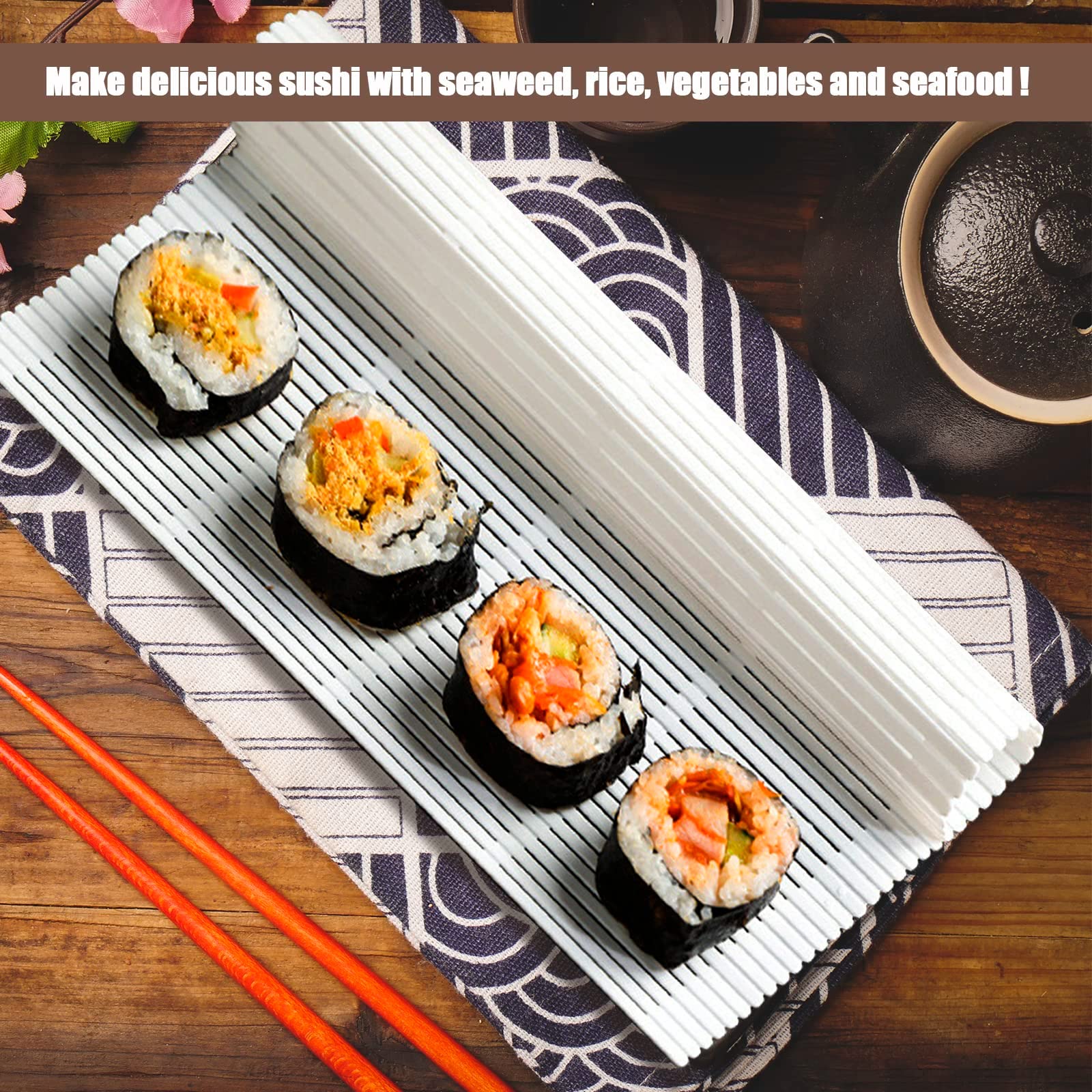 4 alfombrillas de plástico antiadherentes para sushi, kit de fabricación de rodillos de sushi hecho en casa con paleta de arroz, tapete de cocina de sushi japonés para el hogar, cocina y 4