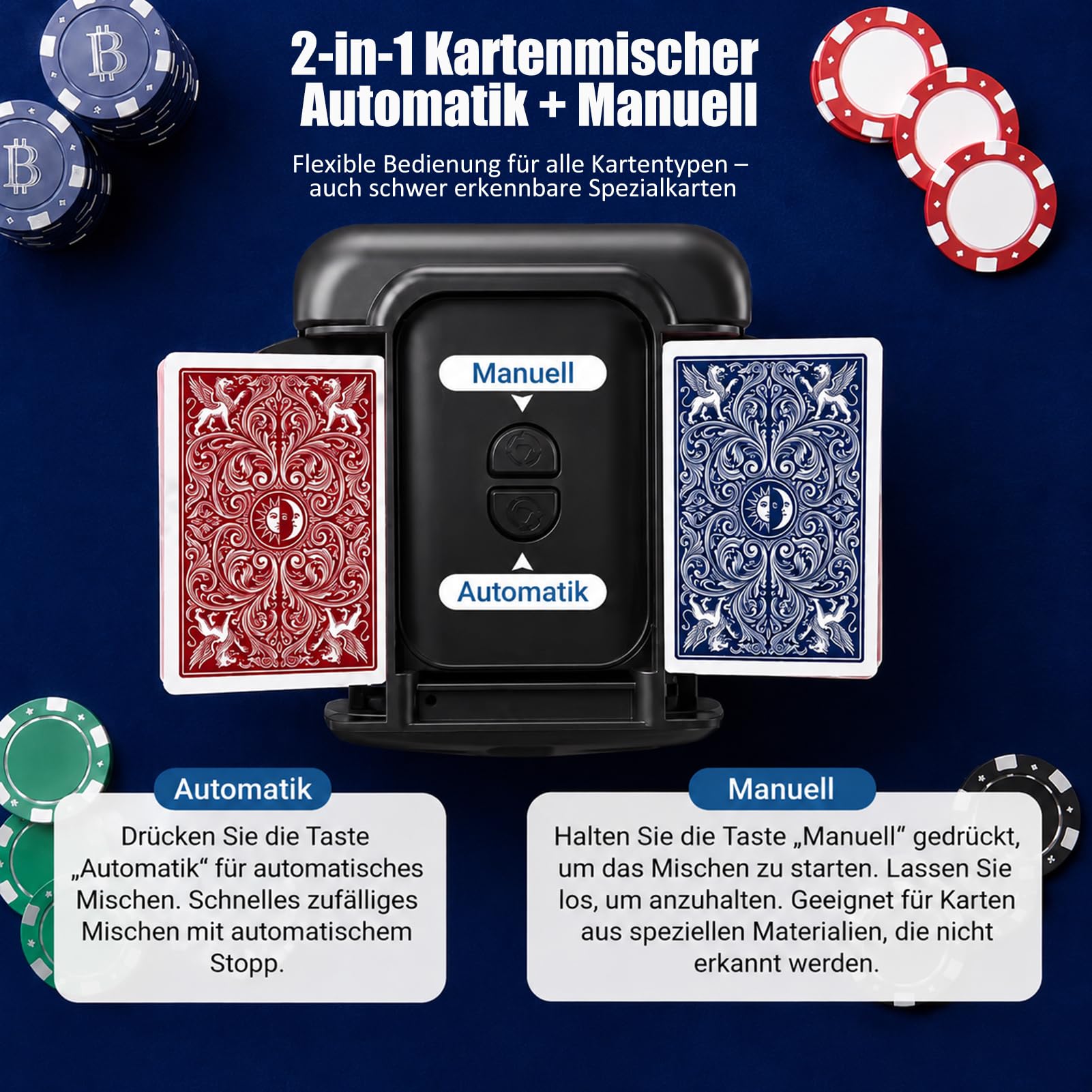 Miscelatore di carte elettrico, mixer automatico per carte, USB con batteria da 2600 mAh, mixer per 1-4 mazzi di poker, shuffler per UNO, nero