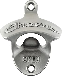 Silver Beer Bottle Opener Wall Mounted Cheers Rustproof | Simple to Mount and Open Outdoor, Stainless Kitchen Man Cave Bar Accesorries, Mountable with Screws for Wood Post Deck Board