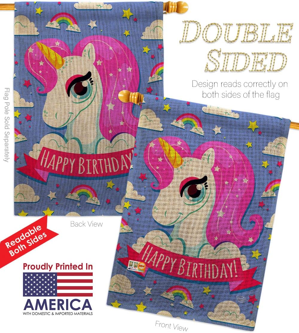 Magical Unicorn Birthday Burlap House Flag Celebration Cake Gift Present Candy Bouquet Occasion Anniversary Party Small Decorative Yard Banner Double-Sided Made In USA 28 X 40