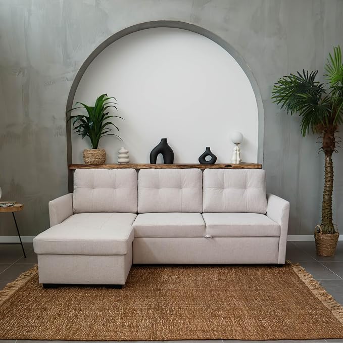 BUDWING Enzo Sofá Cama Esquinero 4 Plazas – Chaise Longue Reversible, Arcón de Almacenaje y Respaldo Reclinable – Estilo Contemporáneo, Tejido 100% Poliéster – 230x147x94 cm – Beige Claro