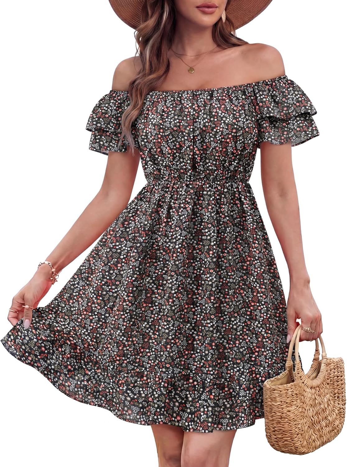 Womens Off The Shoulder Floral Mini Dress Babydoll Summer Beach Vacation Flowy Boho Sundress