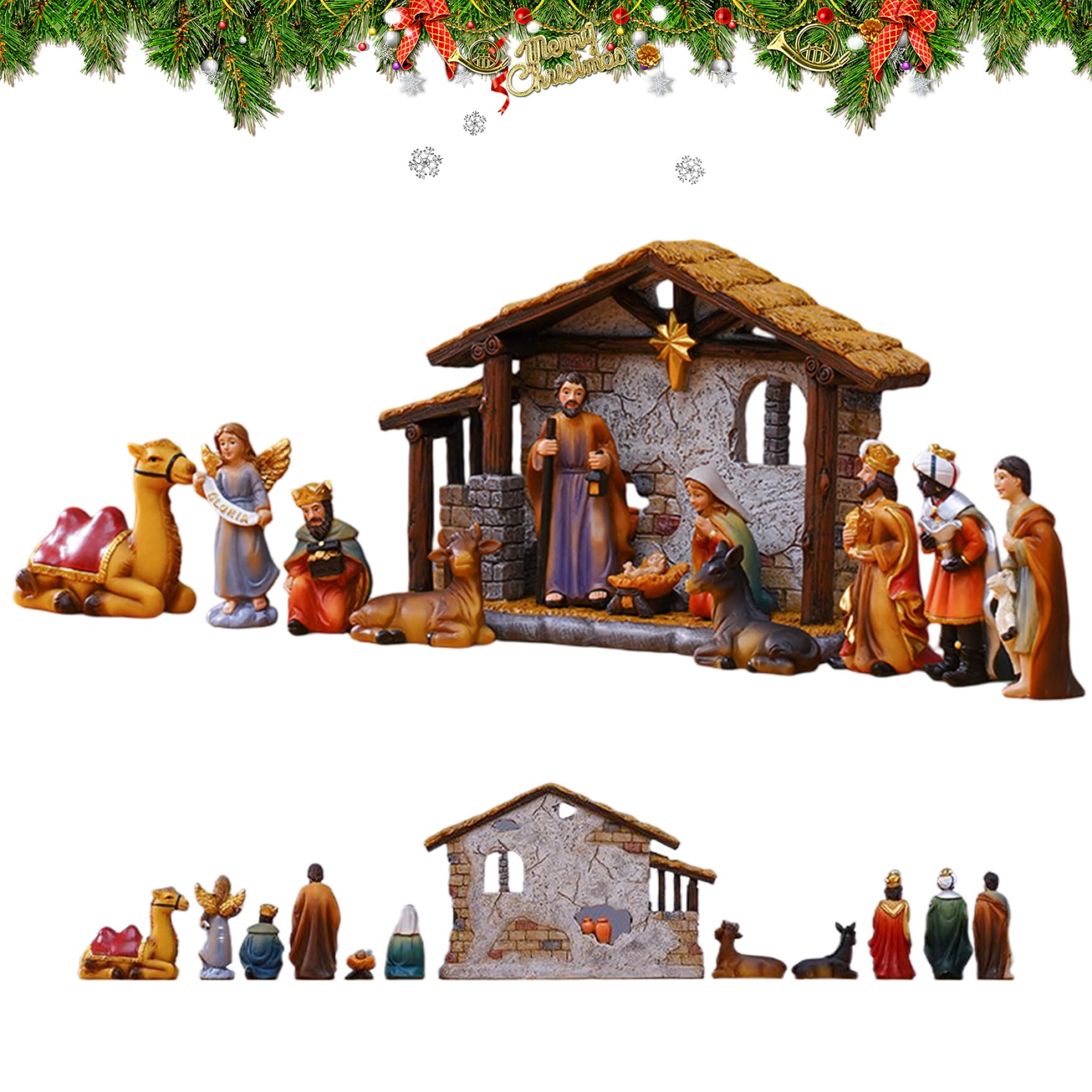 CAKEEYUM Nativity Set Resin Vivid Traditional Detailed Christmas Nativity Sets 12-Piece Collectible Religious Christmas Decorations for Indoor Tabletop Home Sets & Figures, Scene, Nativit
