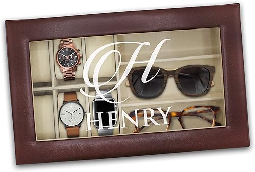 Miniatura 7 de The Wedding Party Store Caja personalizada para relojes y lentes de sol, estuche organizador de relojes y lentes grabado personalizado (marrón)