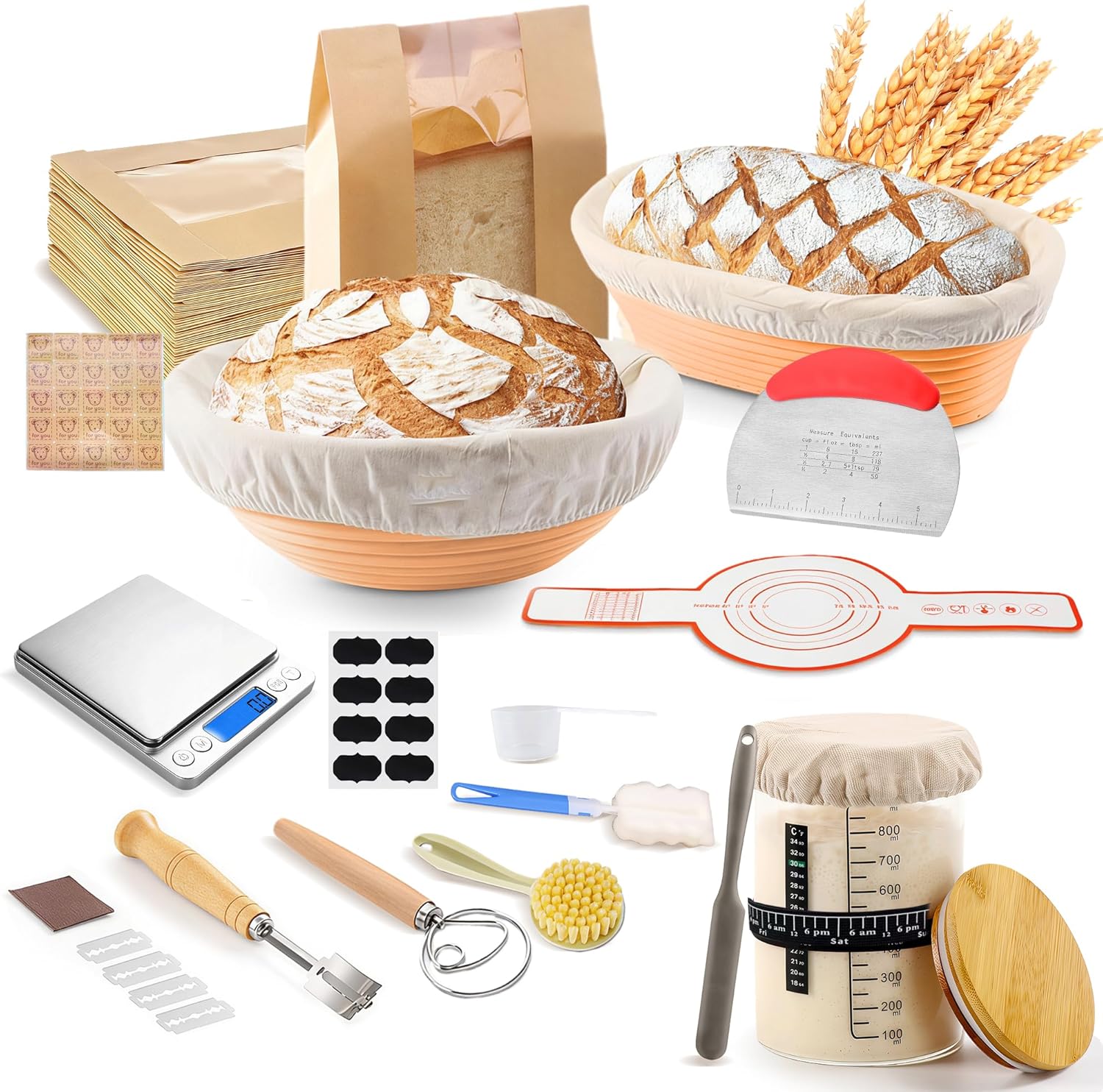 Sourdough Starter Kit，10 In and 11In silicone Banneton with Cloth Cover,Glass Sourdough Starter Jar,Dough Whisk, Bread Lame, Silicone Sling, digital scale for Bread Making Baking Fermentation