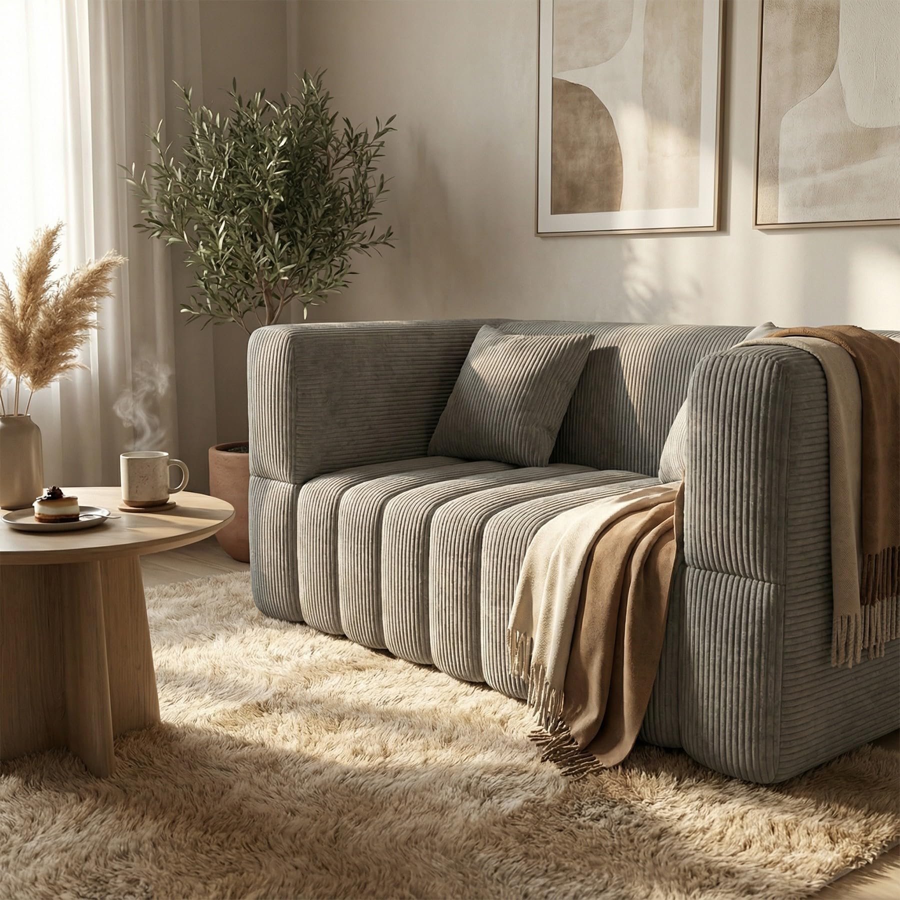 RUMMY 2-Sitzer Sofa aus Cord, kompaktes Bodensofa mit weicher Schaumstoffpolsterung, rahmenlose Couch für Wohnzimmer, Schlafzimmer und Wohnung, Grau