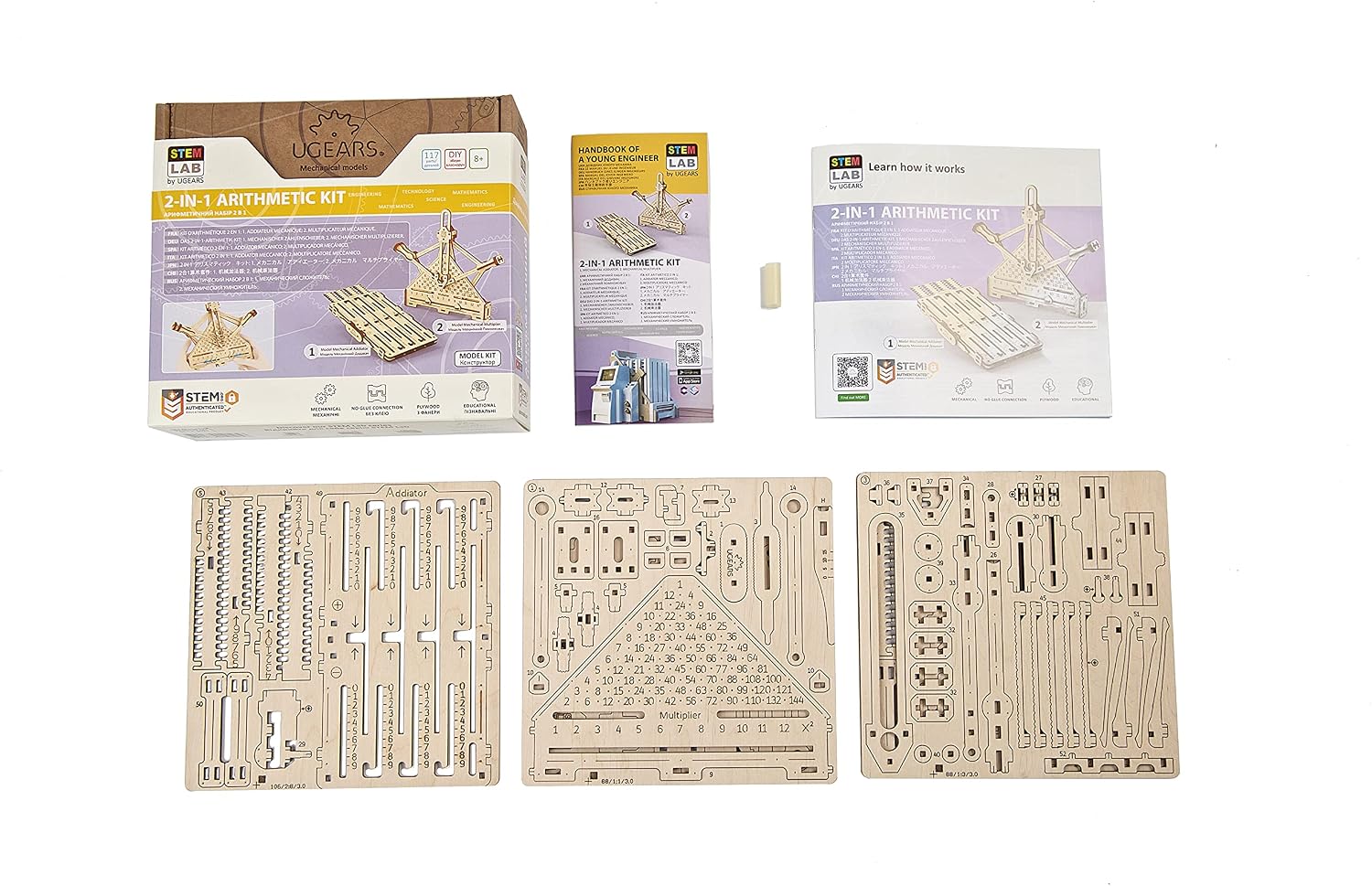 UGEARS STEM Arithmetic Kit 2 in1 Model Kit - Creative 3D Wooden Puzzles for Adults, Teens and Children - DIY Mechanical Science Kit for Self Assembly - Educational and Engineering 3D Puzzles with App