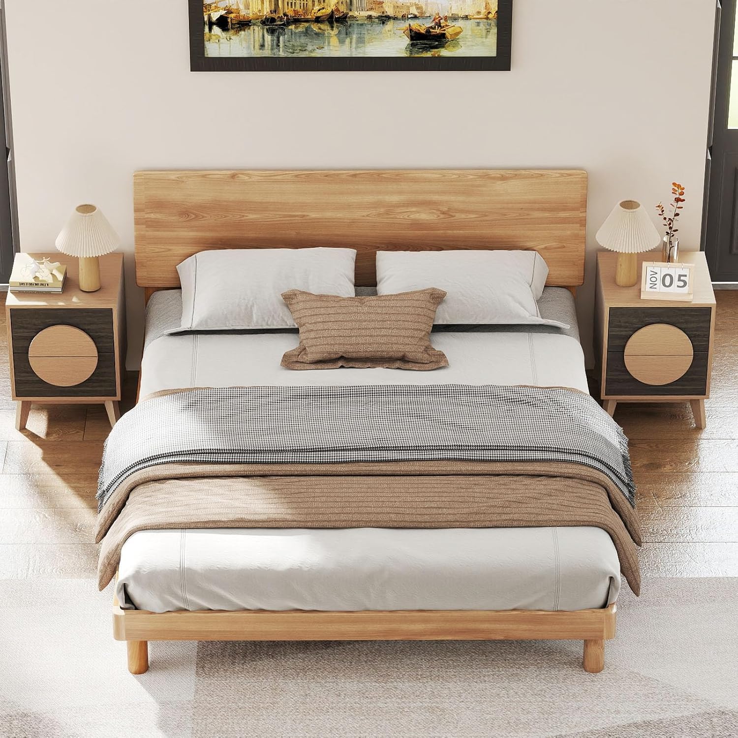 BREEZEHEAT Nightstands Set of 2 - Mid Century Modern Night Stand with Drawer and Round Handle, Oak Wood Bedside Table End Side Table for Bedroom