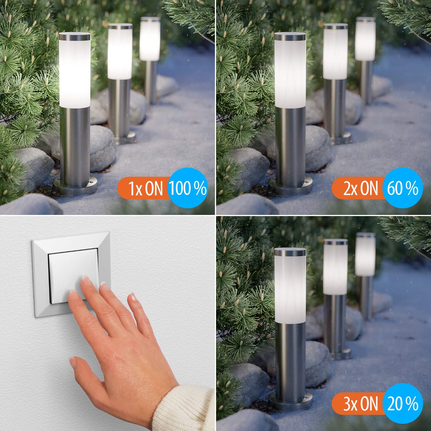 ledscom.de 3x Dissuasore luminoso PORU per esterni, in acciaio inox, rotondo, 38,5 cm, incl. lampada E27 max. 1020lm bianca a 3 livelli senza dimmer