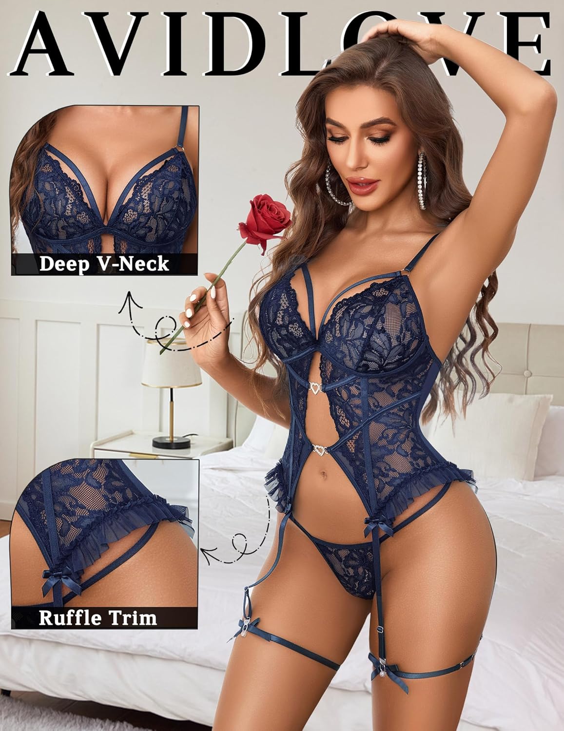 Avidlove Women Lingerie Sexy Lace Corset Teddy One Piece Bodysuit Lingerie Set with Garter Belt(No Stockings) - Image 5