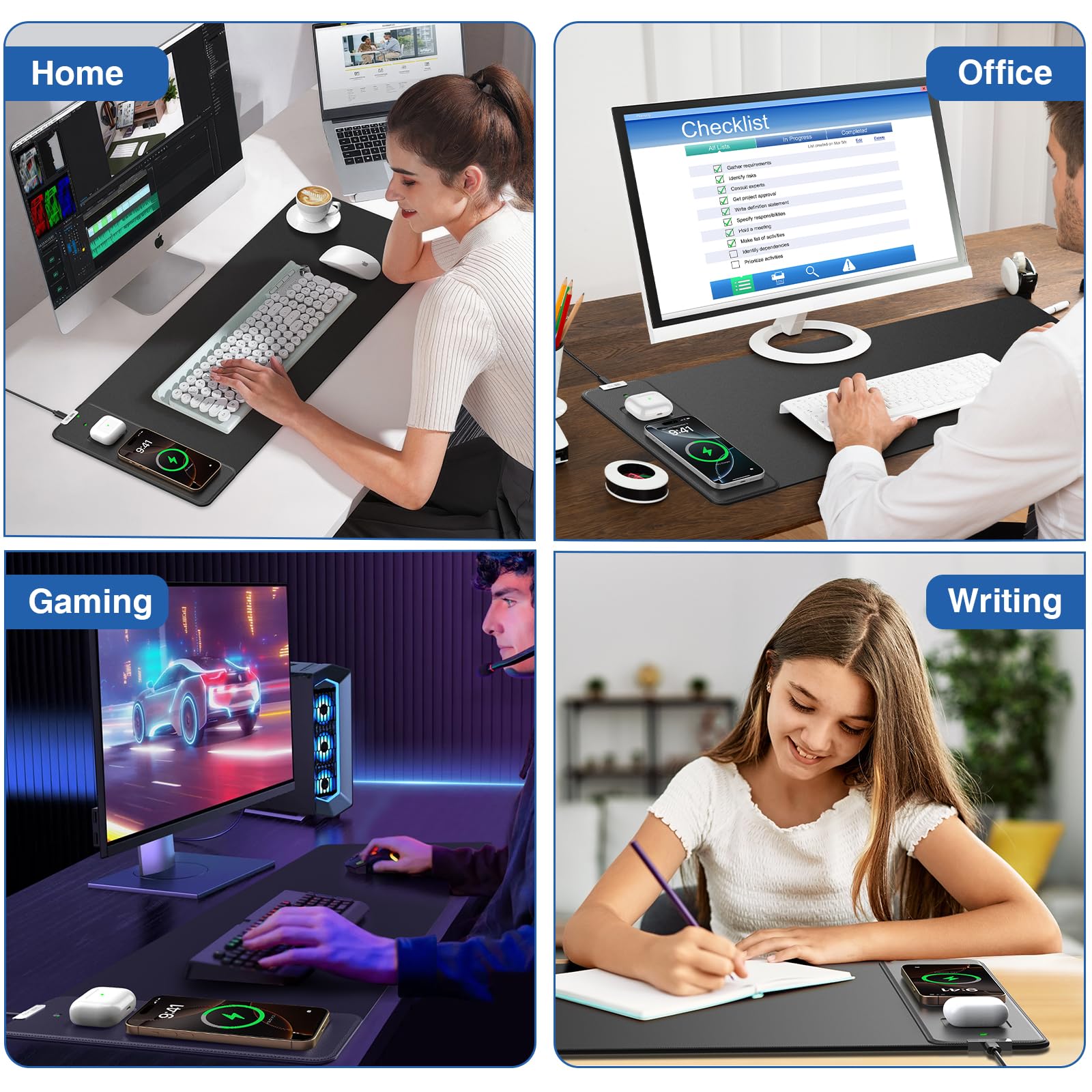 Tappetino per mouse magnetico con ricarica wireless, 69,8 x 30 cm, con bordi cuciti superiori, base antiscivolo, impermeabile, liscio, per gamer, ufficio e casa, nero