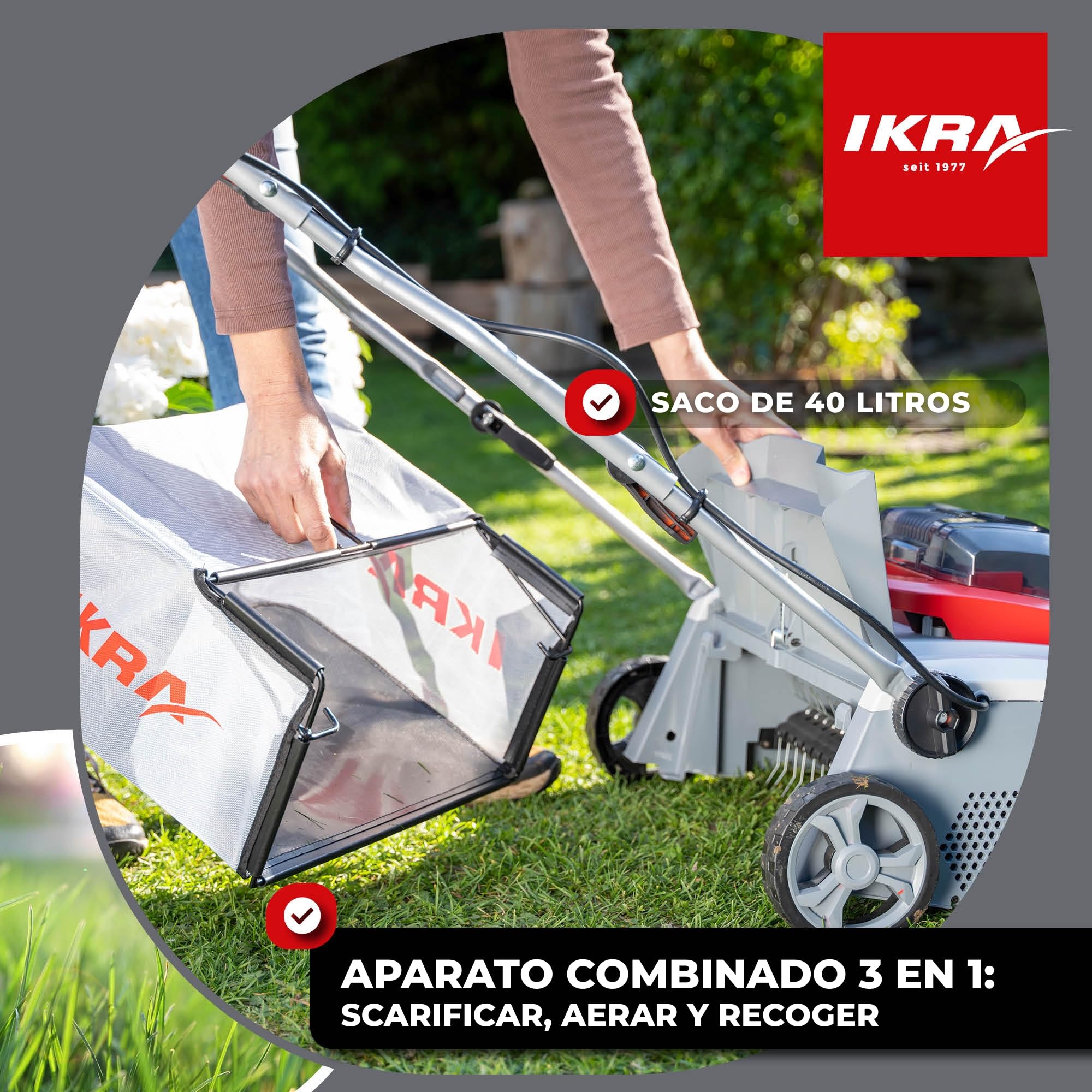 IKRA escarificador y aireador a batería 3 en 1 IAVL 2-2040, ancho 40 cm | Incluye 2 baterías de 20 V y 4 Ah y cargador rápido, cesta de recogida de 40 l, +3 a -12 mm, gama de baterías de 20V de IKRA