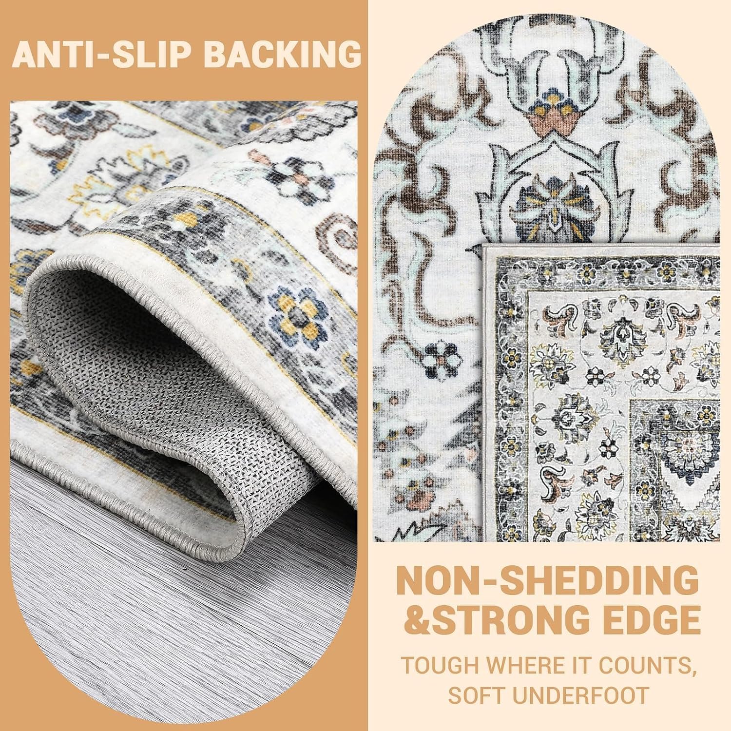 Ultra-Thin Washable Oriental-Style Area Rug – Light Gray, 6x9ft, Low Pile, Collapsible, Non-Shedding, Mark Resistant, Non-Slip, Pet & Child Friendly, Living Room/Bedroom/Dining Room/Office –