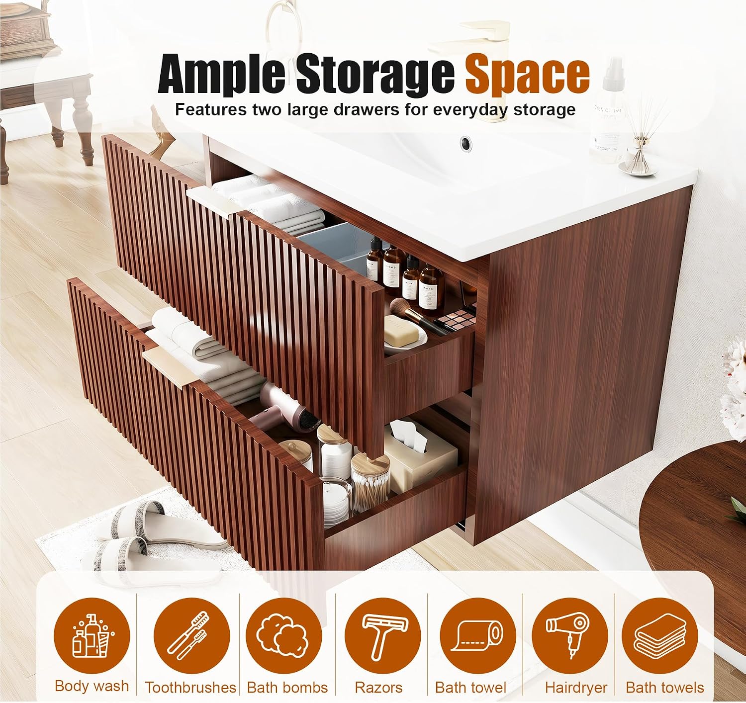 Bathroom Vanity with Sink 24 Inch, Floating Wall Mounted Vanity Cabinet with Ceramic Sink, Modern Space-Saving Storage for Bathroom, Walnut