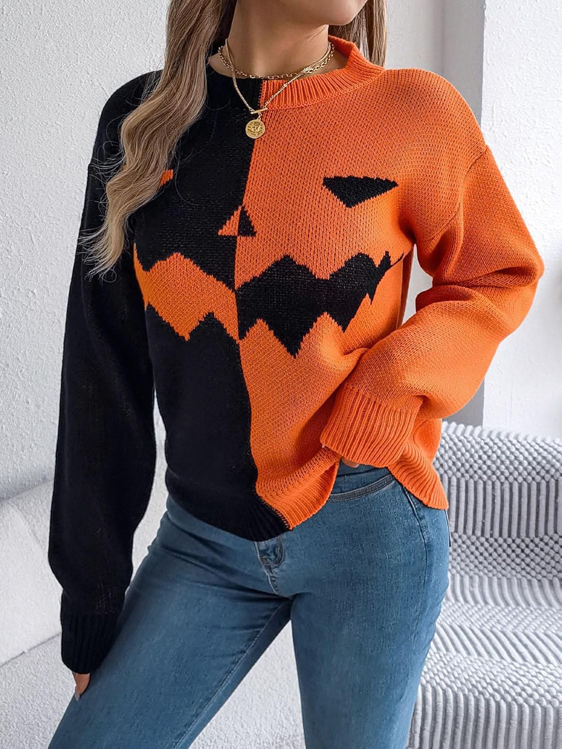 Women's Halloween Pumpkin Sweater Cute Crewneck Knitted Long Sleeve Pullover Tops Fall Winter Fashion Clothes - Image 2