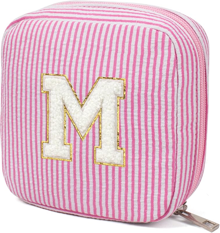 Necessaire de maquiagem KOTORA com inicial, listrada, rosa, tamanho M