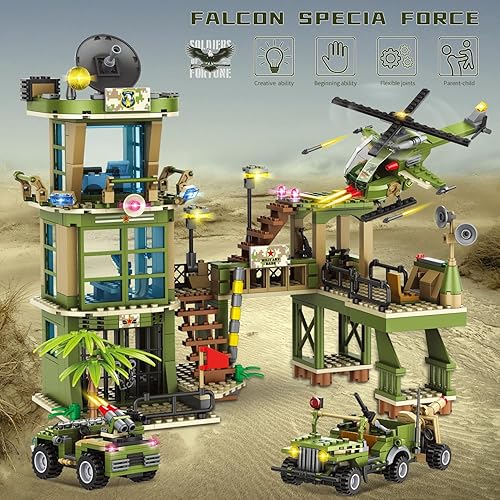 Miniatura 2 de Bloque de construcción de base militar de ciudad, compatible con base militar Lego, juguete del ejército con helicóptero de guerra, vehículo de