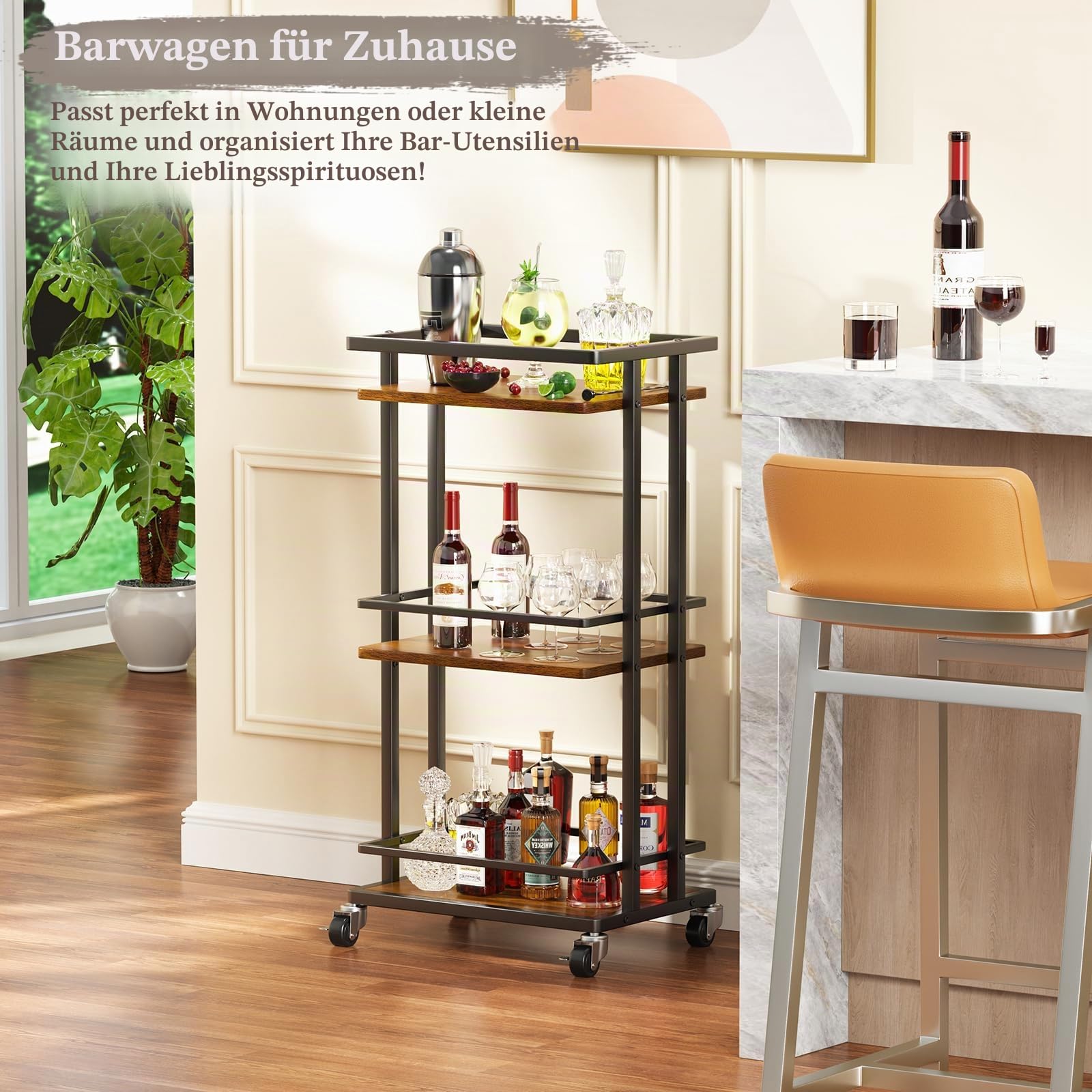 OKZEST 3-stöckiger Rollbar Wagen für Zuhause, Utility Kitchen Aufbewahrung Servierwagen mit Rädern, abschließbarer Mini-Kaffee-Barwagen für Party, Wein, Cocktail, Wohnzimmer, rustikales Braun