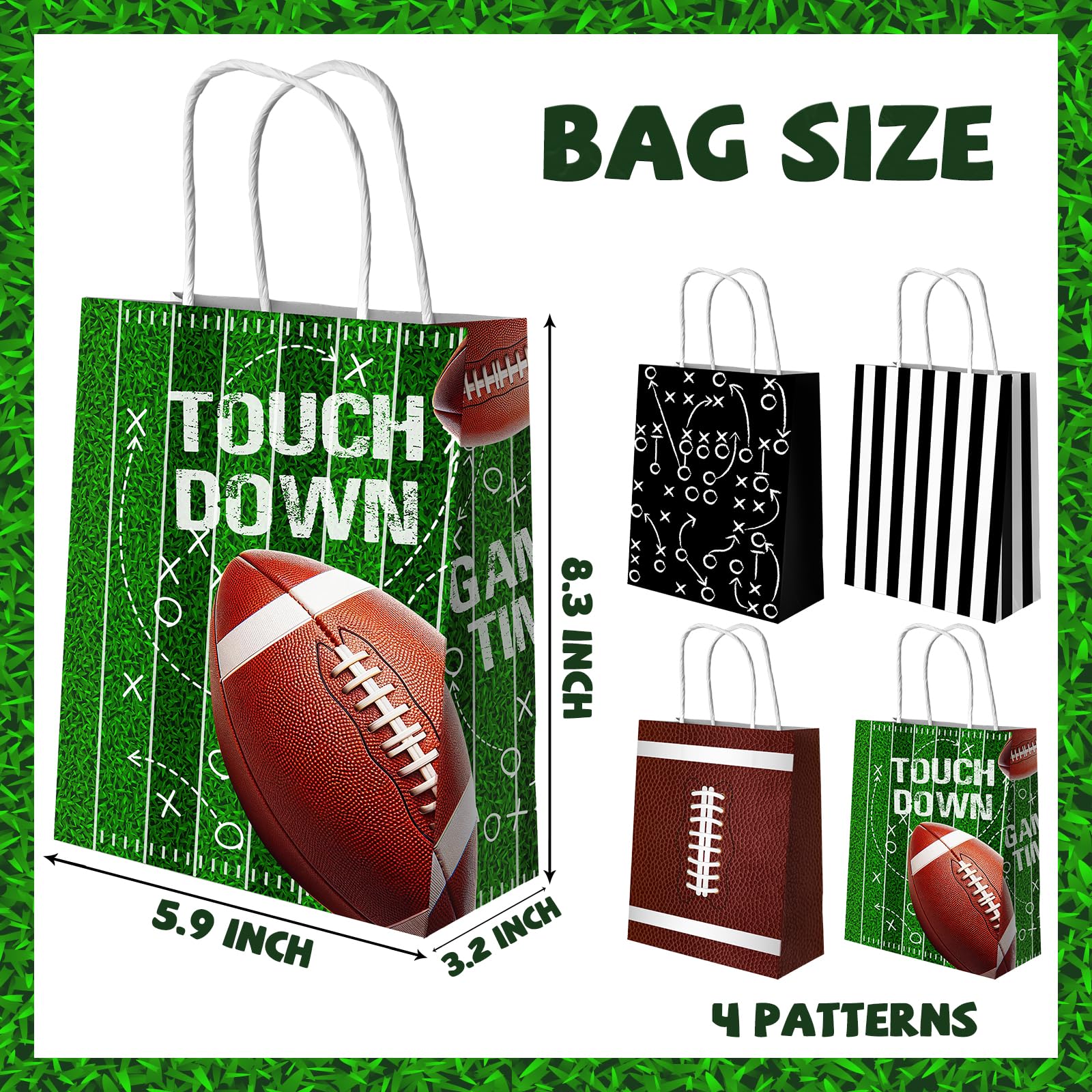 Juweked 12Pcs Football Gift Bags With Handle - Paper Goodie Bags for Snacks, Party Favors, Treats - Touchdown Game Time Party Decor